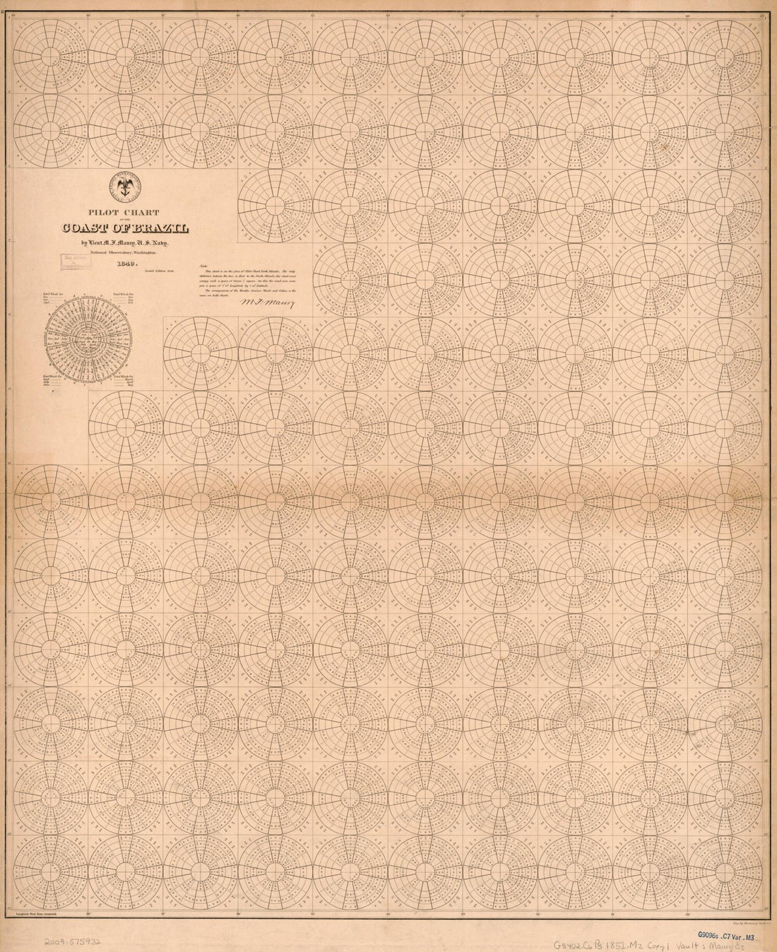 This old map of Pilot Chart of the Coast of Brazil (Coast of Brazil) from 1852 was created by Matthew Fontaine Maury,  Sherman &amp; Smith,  United States Naval Observatory,  United States. Bureau of Ordnance and Hydrography,  United States. Hydrographic Off