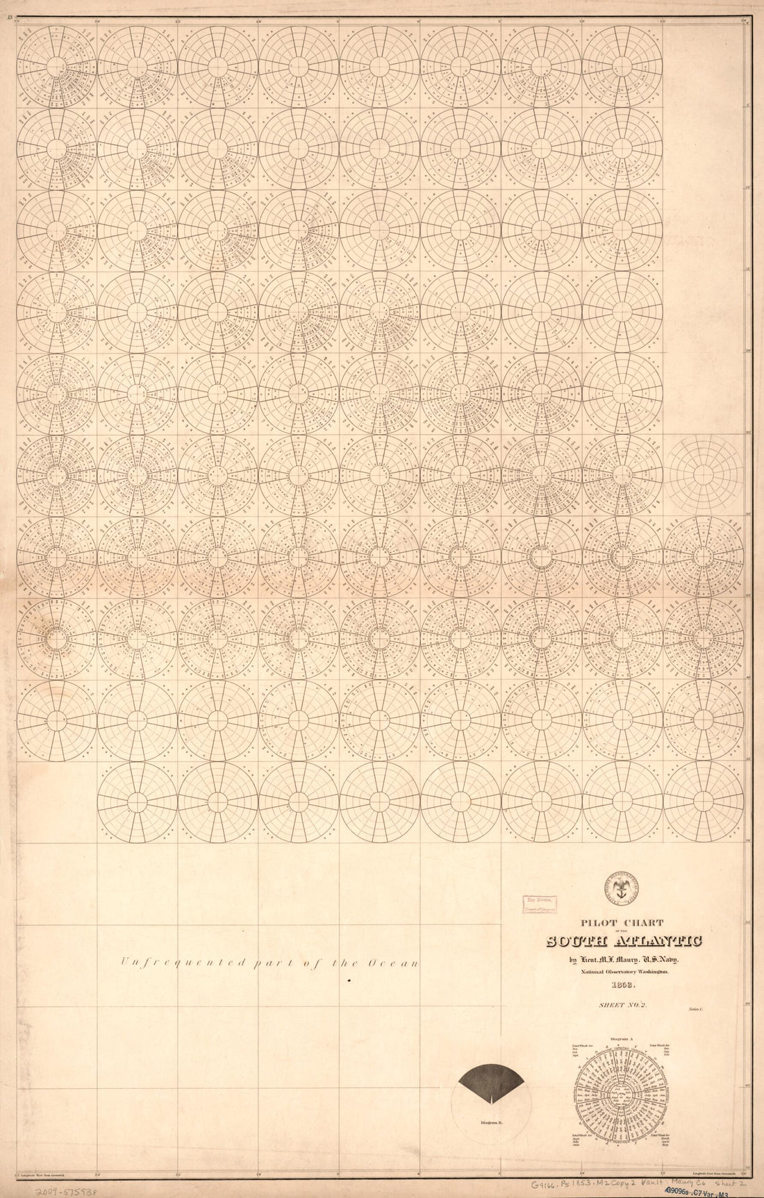 This old map of Pilot Chart of the South Atlantic (South Atlantic) from 1853 was created by Matthew Fontaine Maury,  United States Naval Observatory,  United States. Bureau of Ordnance and Hydrography,  United States. Hydrographic Office, L. (Lewis) Warr