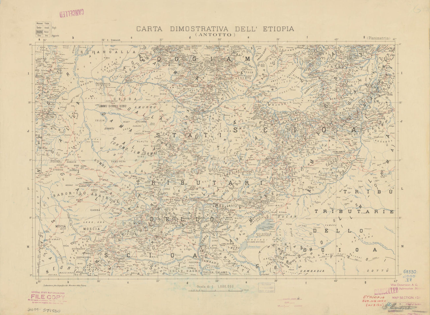 This old map of Carta Dimostrativa Della Etiopia, In 6 Fogli E 2 Aggiunte Alla Scala Di 1 000 000 (Carta Dimostrativa Dell&