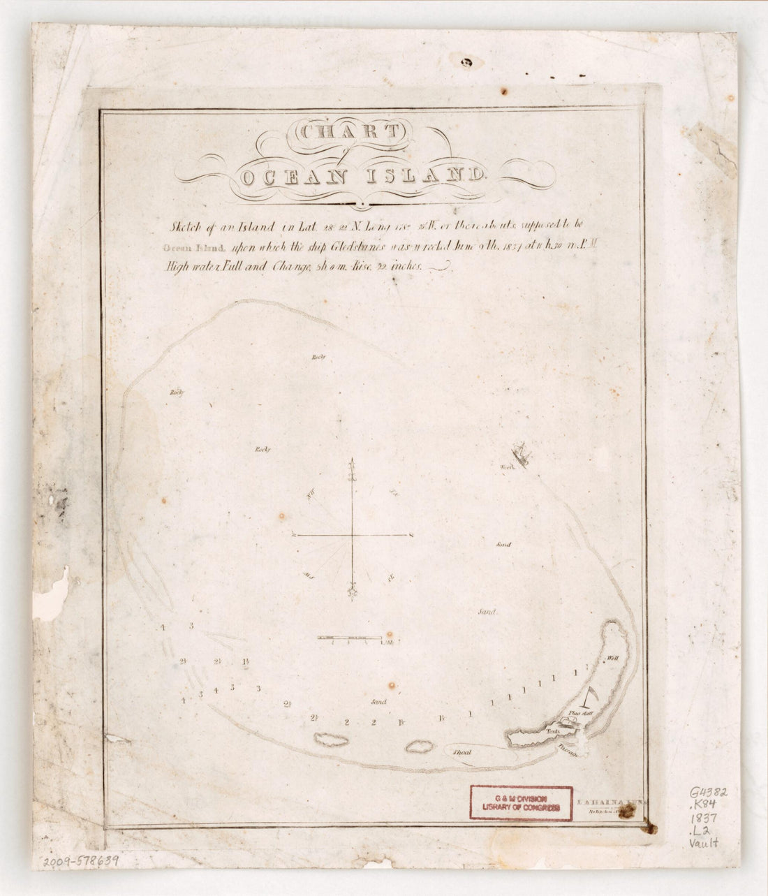 This old map of Chart of Ocean Island : Sketch of an Island In Lat. 28° 22ʹ N. Long. 118° 30ʹ W. Or Thereabouts Supposed to Be Ocean Island Upon Which the Ship Gledstanes Was Wrecked June 9th from 1837 at 11 H. 30 M. P.m., High Water, Full and Change