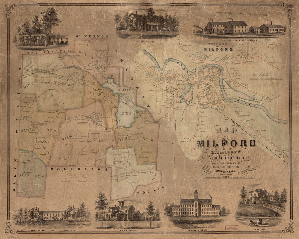 Map of Milford, Hillsborough County, New Hampshire in 1854 by Relic Map Company