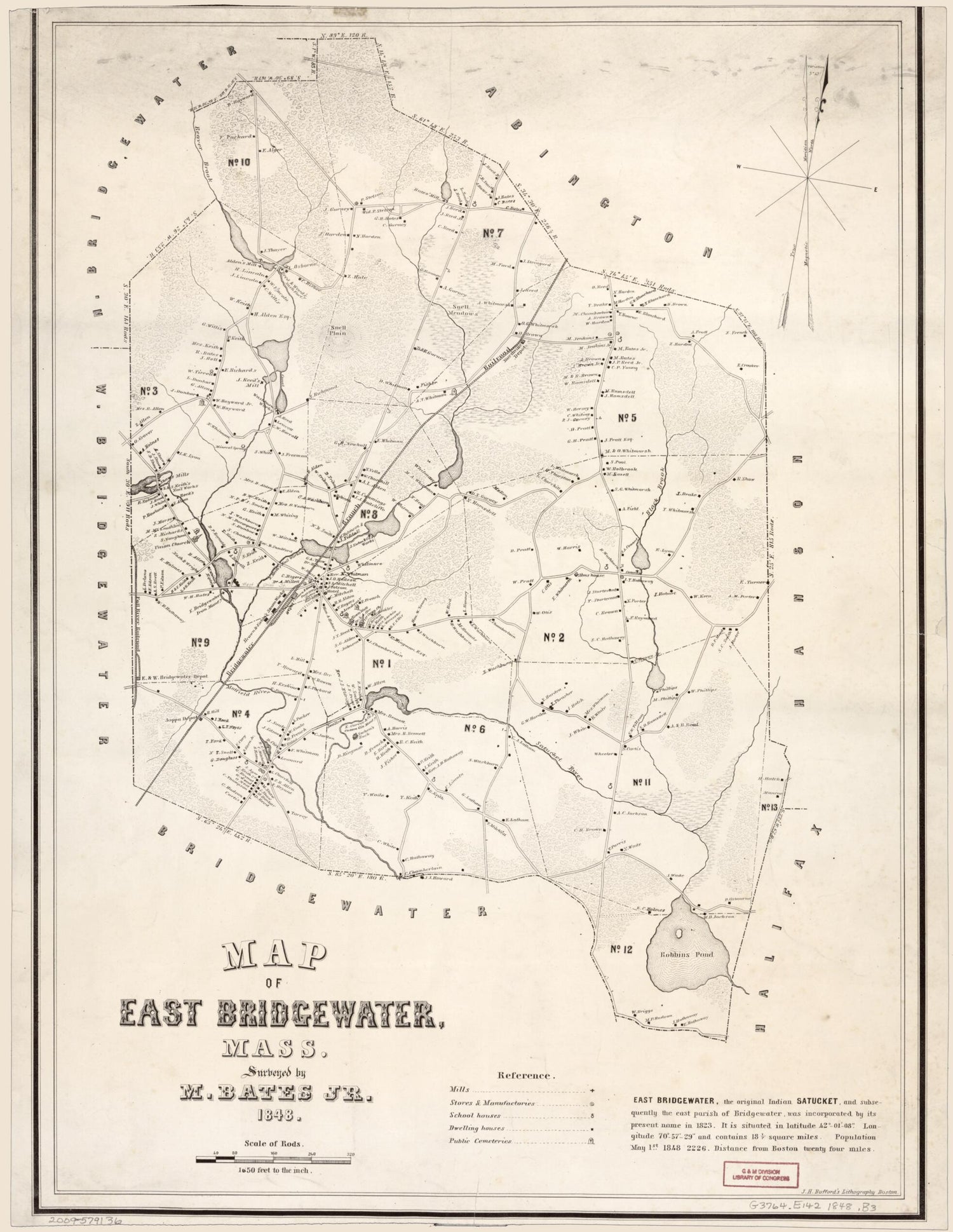 This old map of Map of East Bridgewater, Massachusetts (Map of East Bridgewater, Massachusetts) from 1848 was created by M. Bates,  Bufford&