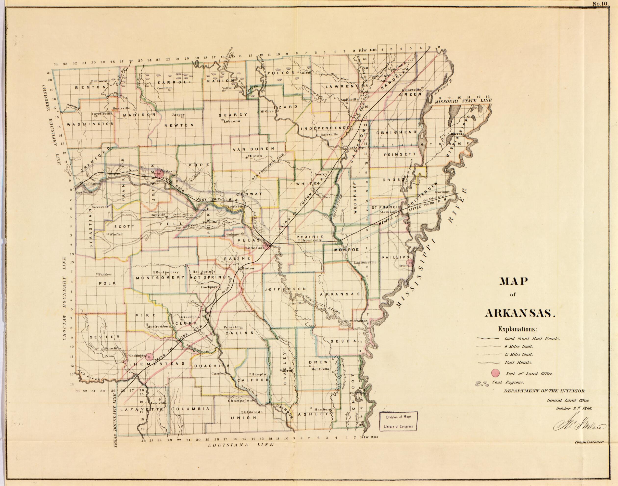 This old map of Map of Arkansas from 1866 was created by  United States. General Land Office in 1866