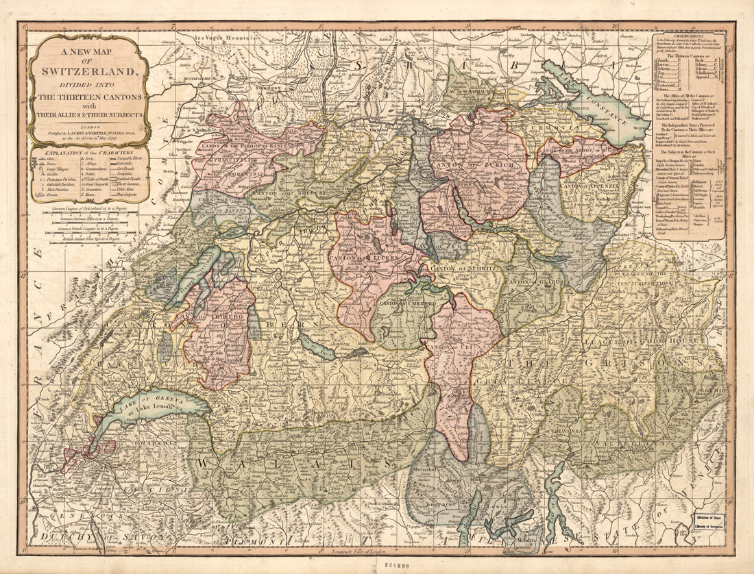 This old map of A New Map of Switzerland : Divided Into the Thirteen Cantons With Their Allies &amp; Their Subjects from 1794 was created by  Robert Laurie and James Whittle in 1794