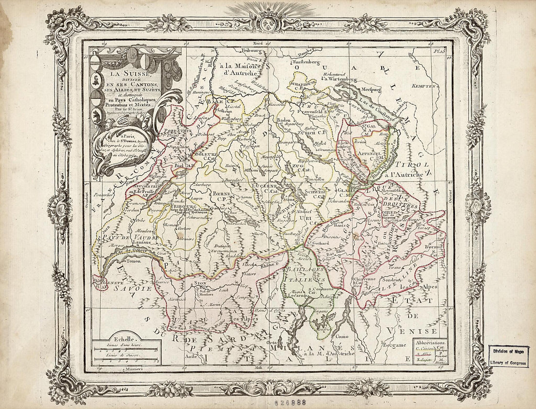 This old map of La Suisse, Diviseé En Ses Cantons, Ses Alliés, Et Sujèts, Et. Distingée En Pays Catholiques, Protestans Et Mixtes from 1764 was created by Louis Brion De La Tour in 1764