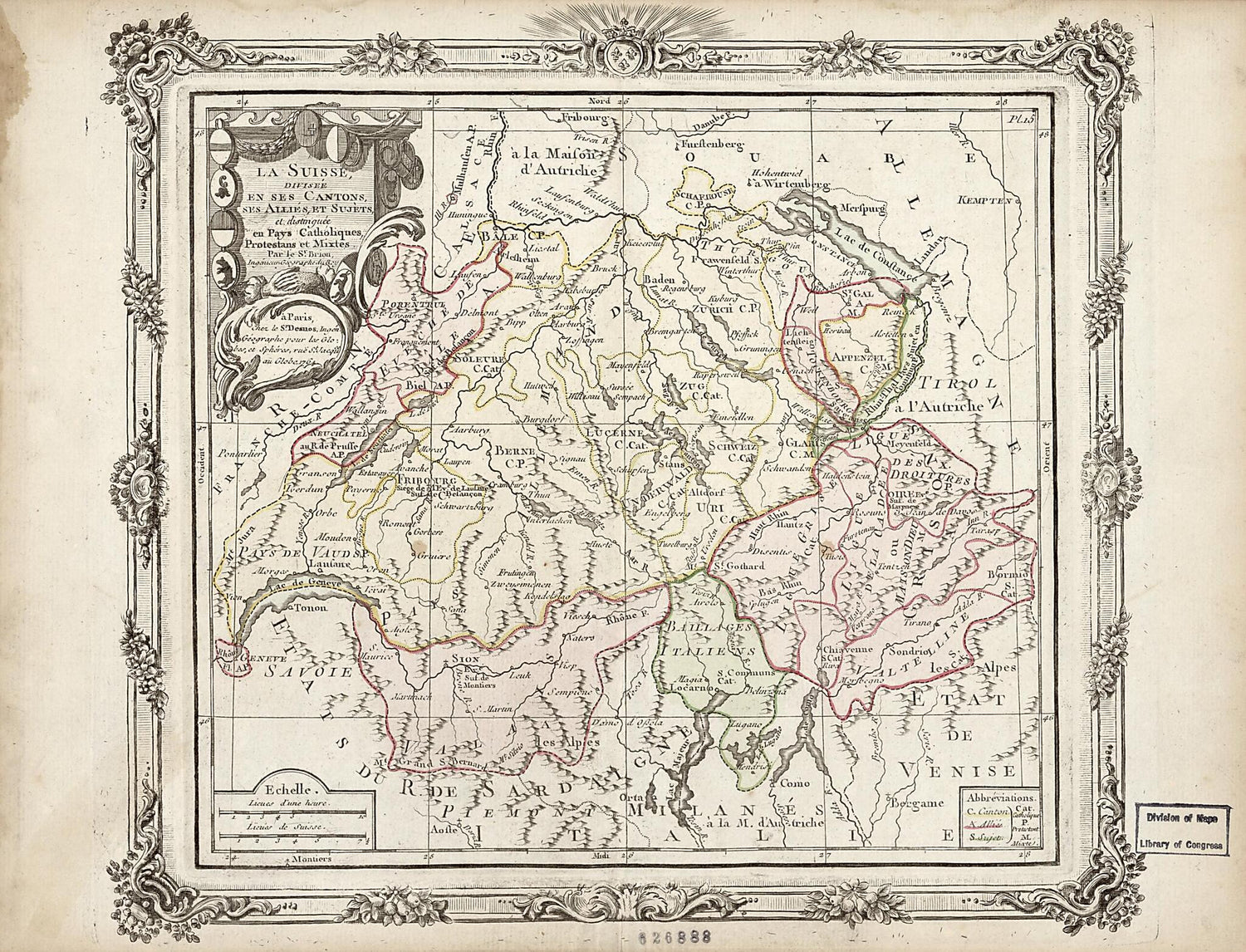This old map of La Suisse, Diviseé En Ses Cantons, Ses Alliés, Et Sujèts, Et. Distingée En Pays Catholiques, Protestans Et Mixtes from 1764 was created by Louis Brion De La Tour in 1764
