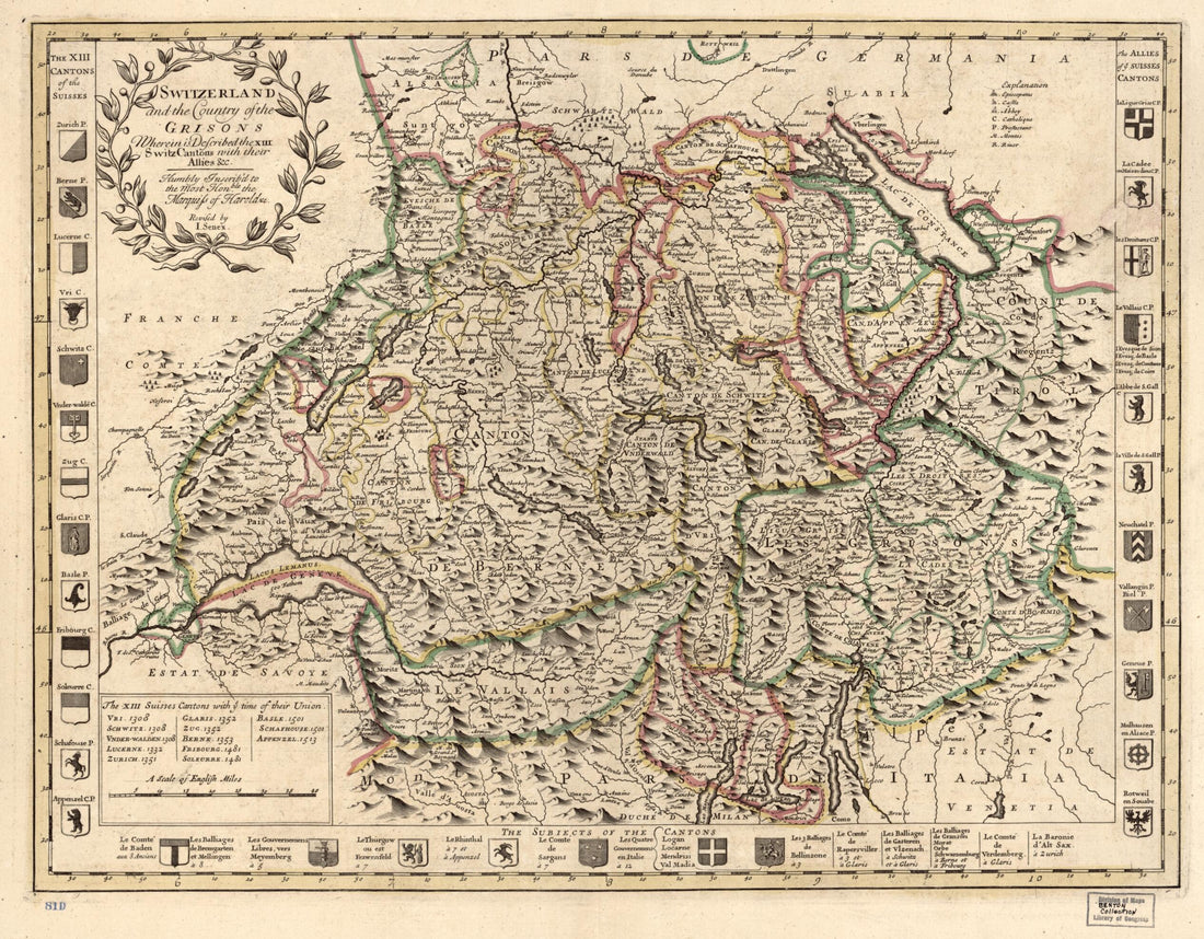 This old map of Switzerland and the Country of the Grisons : Wherein Is Described the XIII Switz Cantons With Their Allies &amp;c from 1721 was created by John Senex in 1721