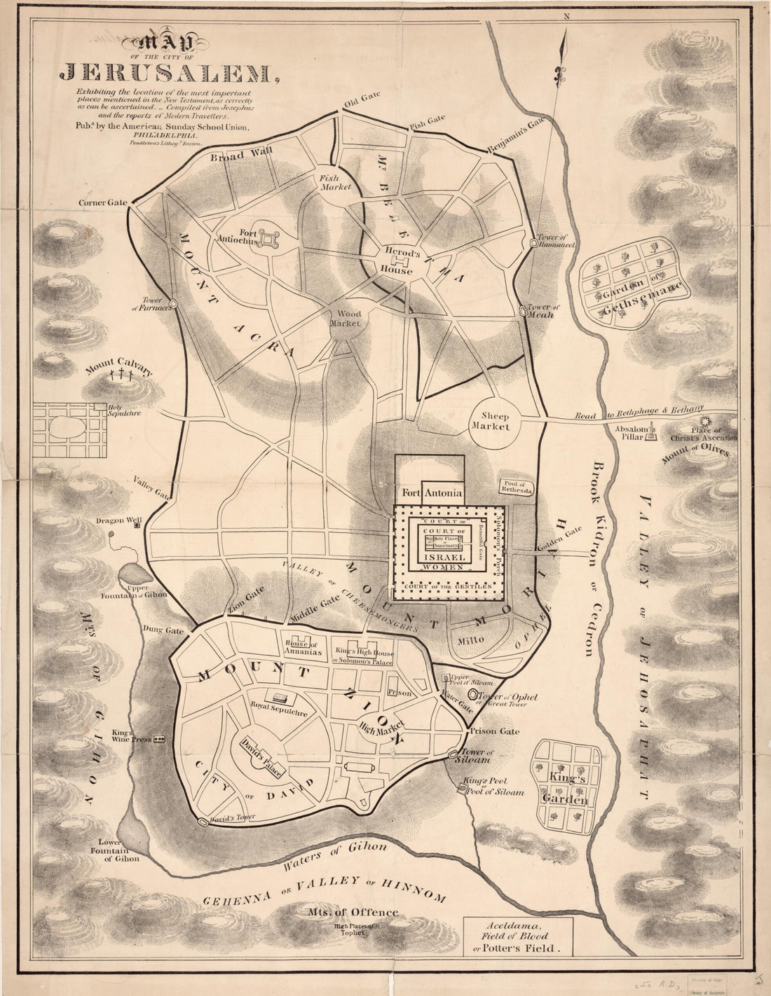 This old map of Map of the City of Jerusalem : Exhibiting the Location of the Most Important Places Mentioned In the New Testament, As Correctly As Can Be Ascertained from 1800 was created by  School Union,  Pendleton&