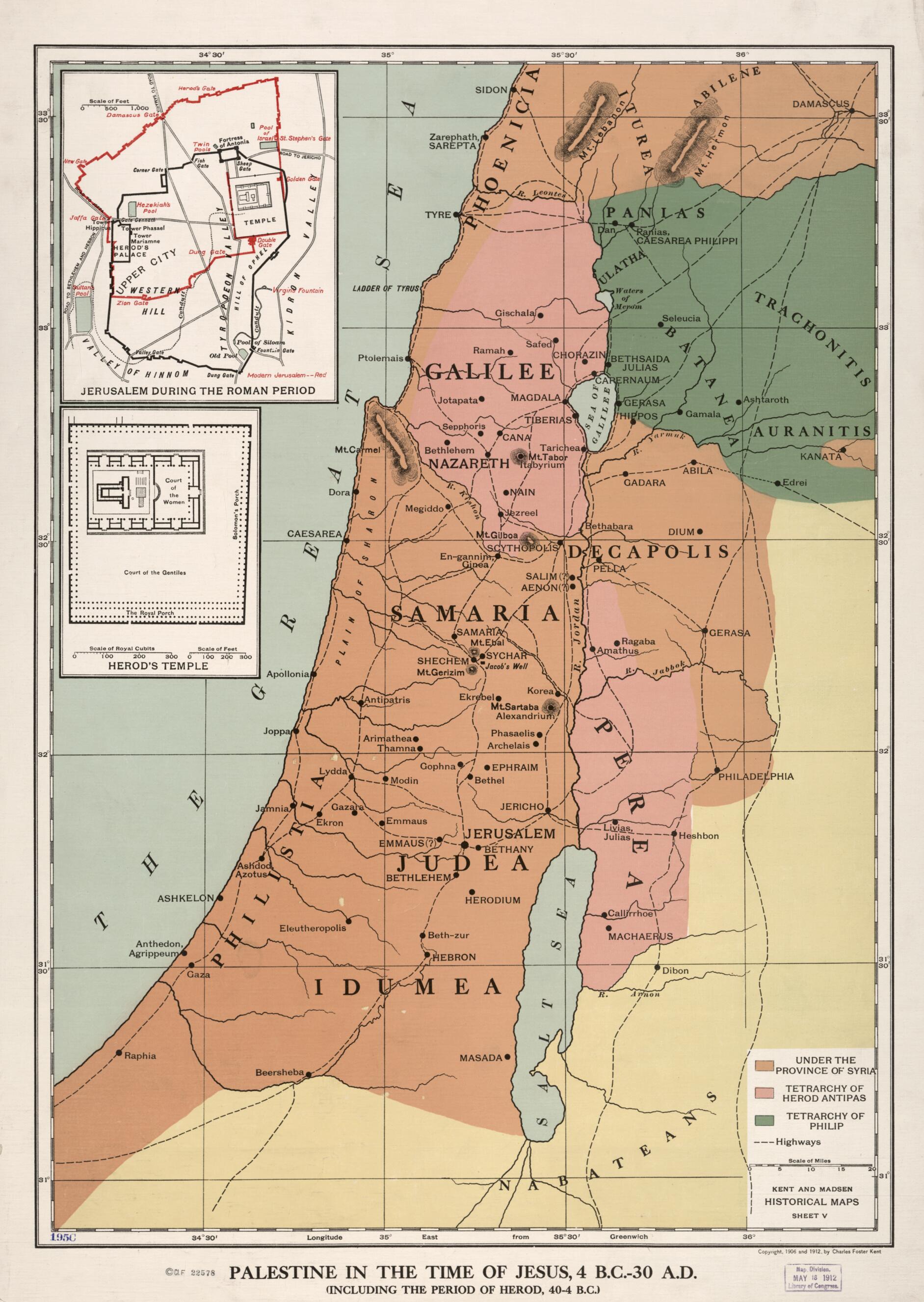 This old map of 30 A.D. : (including the Period of Herod, 40 - 4 B.C.) from 1912 was created by Charles Foster Kent in 1912