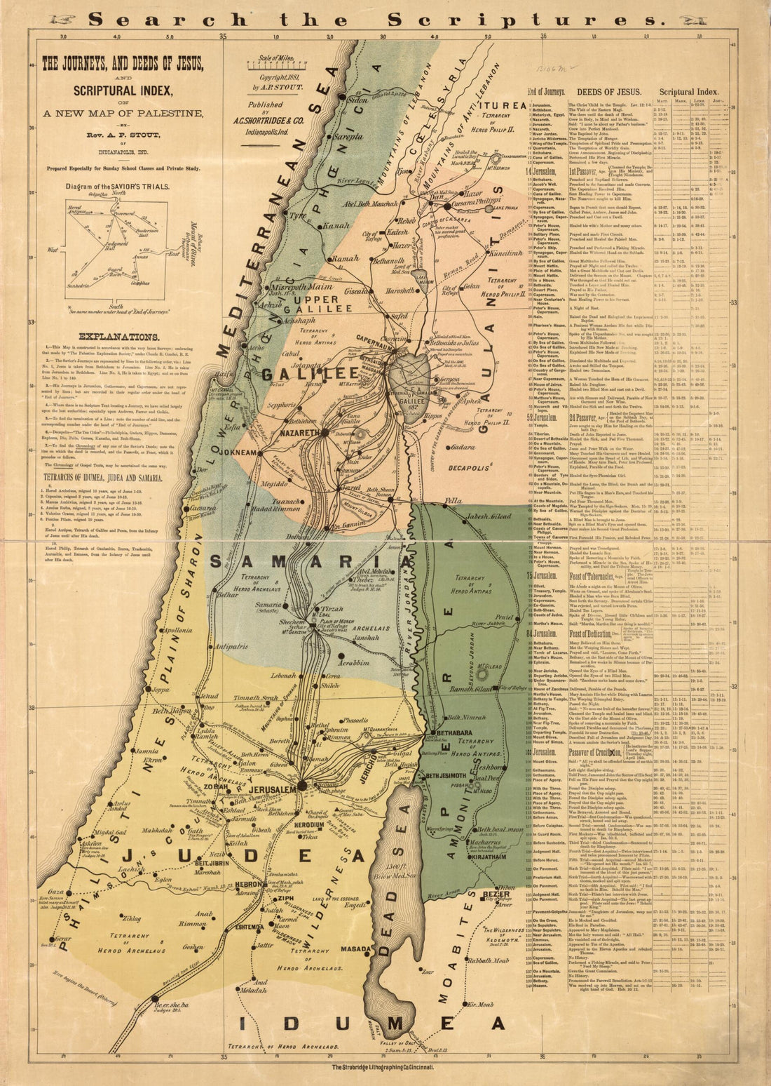 This old map of The Journeys, and Deeds of Jesus, and Scriptoral Index On a New Map of Palestine from 1881 was created by Andrew Pearce Stout in 1881