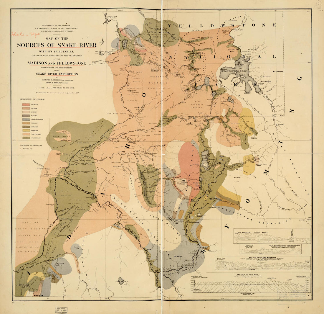 This old map of Map of the Sources of Snake River : With Its Tributaries Together With Portions of the Headwaters of the Madison and Yellowstone from Surveys and Observations of the Snake River Expedition from 1872 was created by Gustavus R. Bechler, F.