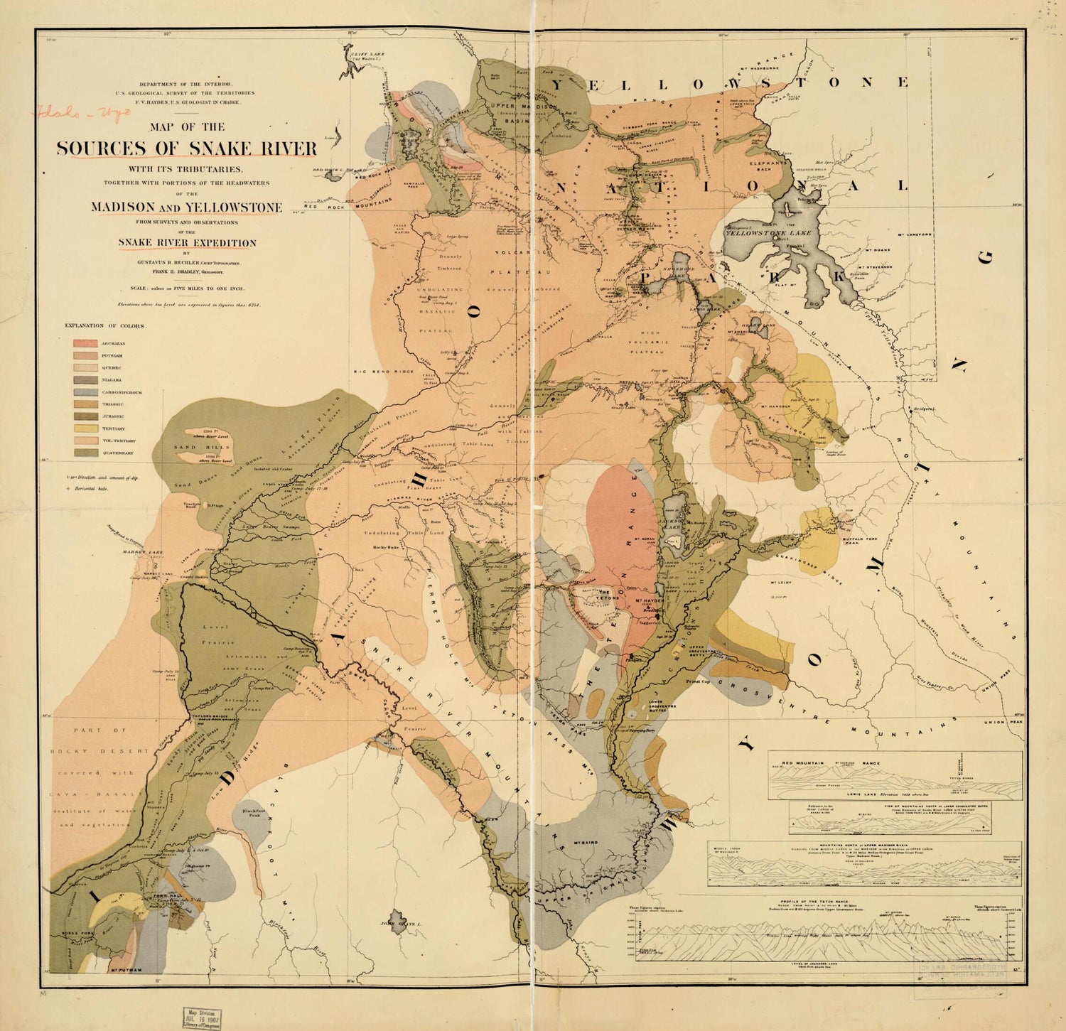 This old map of Map of the Sources of Snake River : With Its Tributaries Together With Portions of the Headwaters of the Madison and Yellowstone from Surveys and Observations of the Snake River Expedition from 1872 was created by Gustavus R. Bechler, F. 