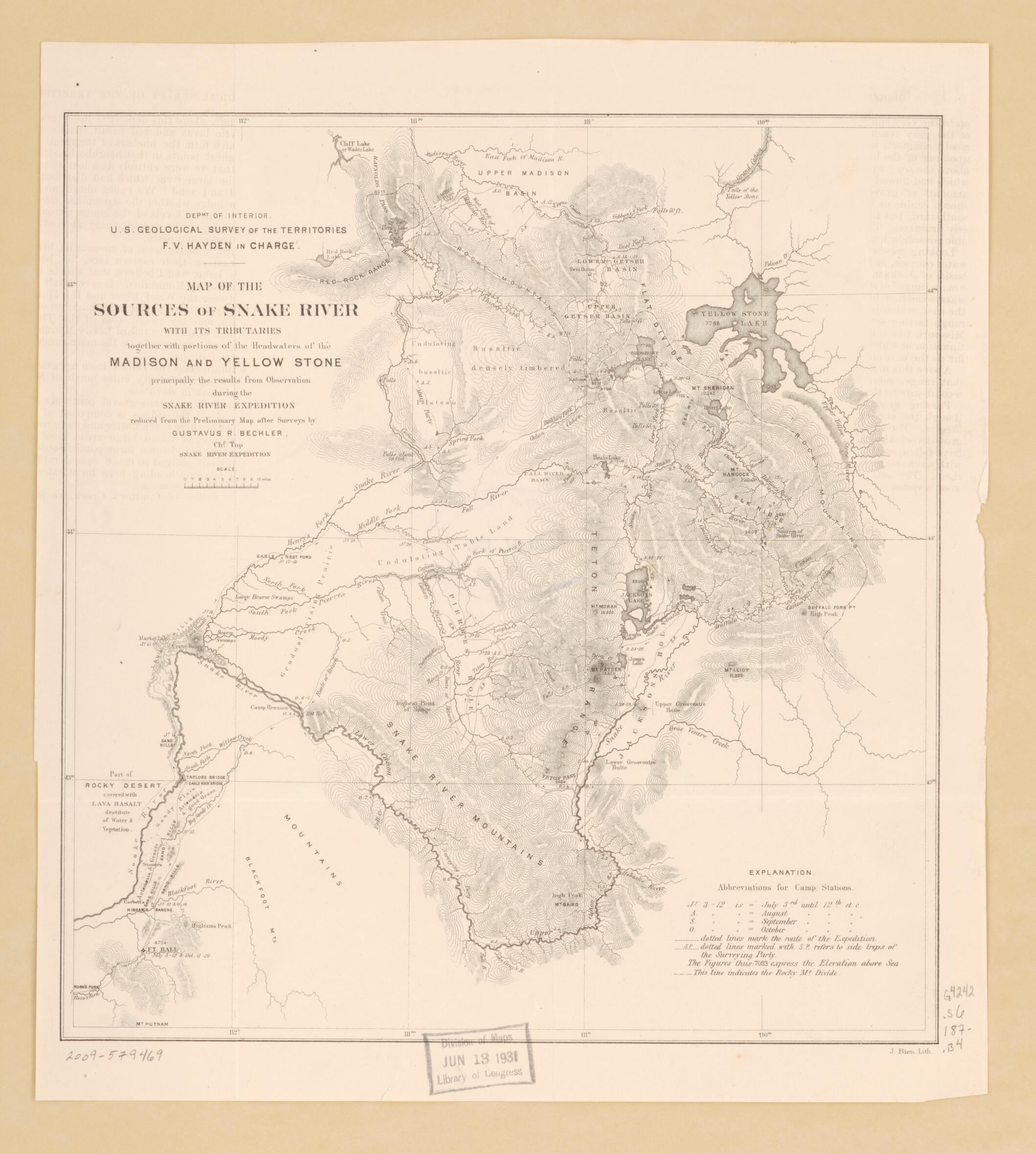 This old map of Map of the Sources of Snake River : With Its Tributaries Together With Portions of the Headwaters of the Madison and Yellowstone from Surveys and Observations of the Snake River Expedition from 1870 was created by Gustavus R. Bechler, F. 