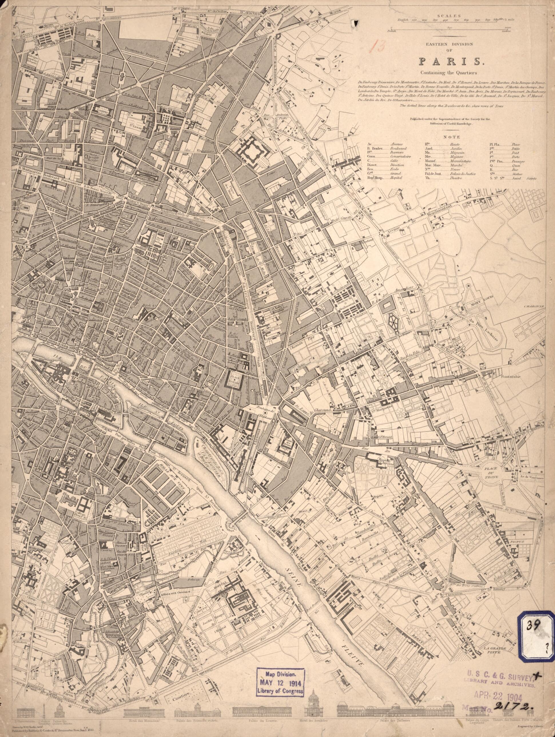 This old map of Eastern Division of Paris : Containing the Quartiers from 1833 was created by W. B. Clarke, James Shury,  Society for the Diffusion of Useful Knowledge (Great Britain) in 1833