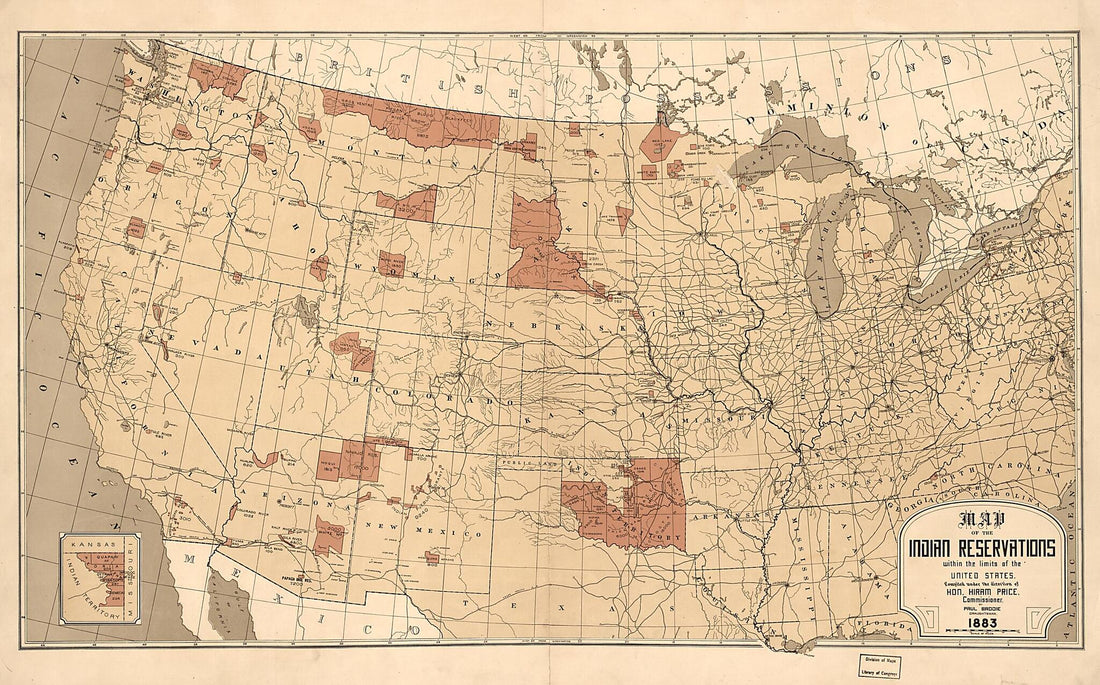 This old map of Map Showing Indian Reservations With the Limits of the United States : from 1883 was created by P. T. (Paul Thomas) Brodie, Hiram Price in 1883