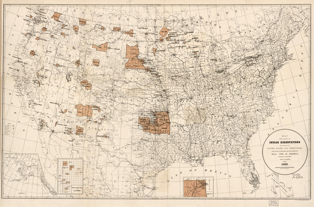 This old map of Map Showing the Location of the Indian Reservations Within the Limits of the United States and Territories from 1888 was created by John H. Oberly,  United States. Office of Indian Affairs in 1888