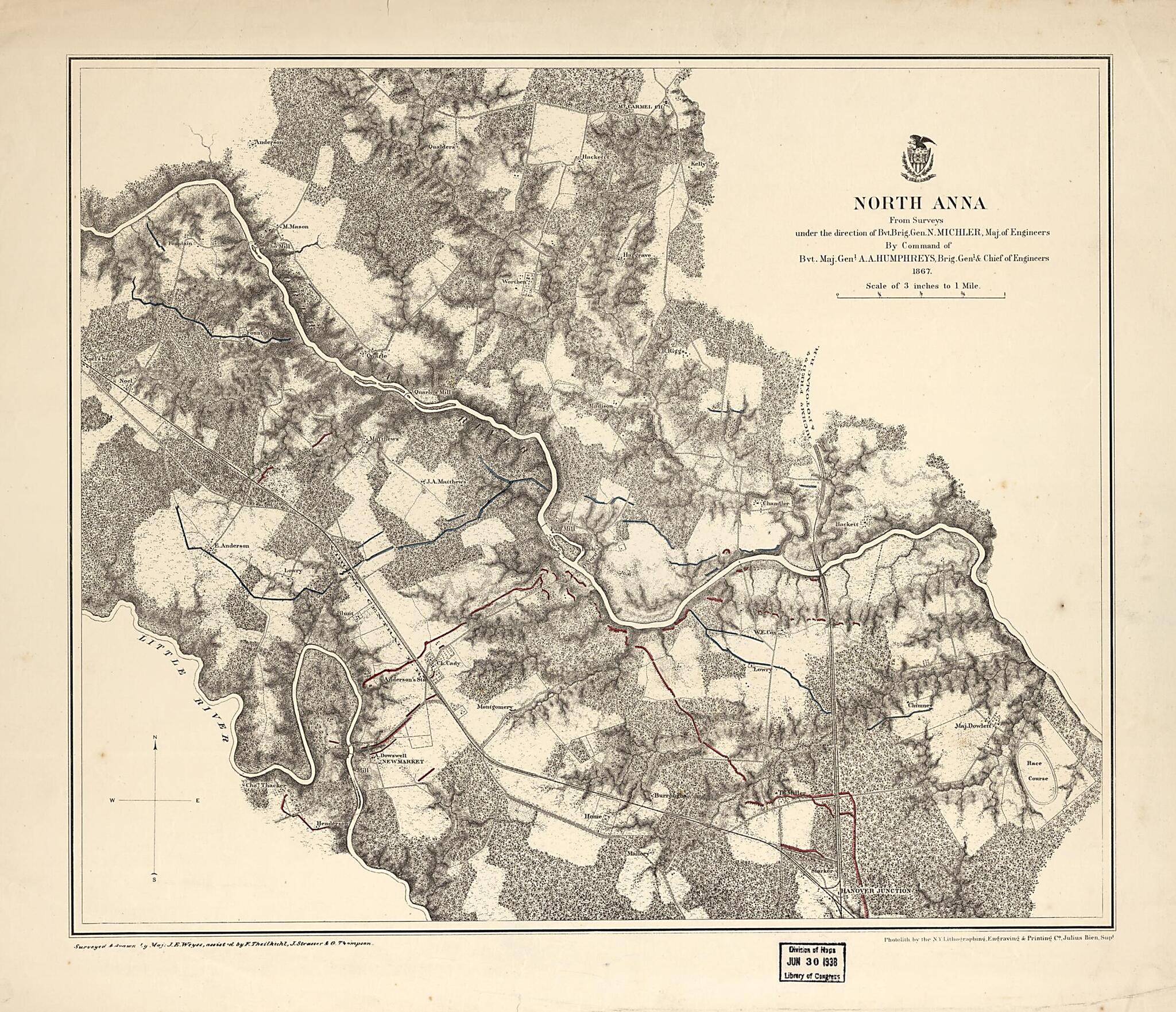 This old map of North Anna. May 1864 from 1867 was created by N. (Nathaniel) Michler in 1867