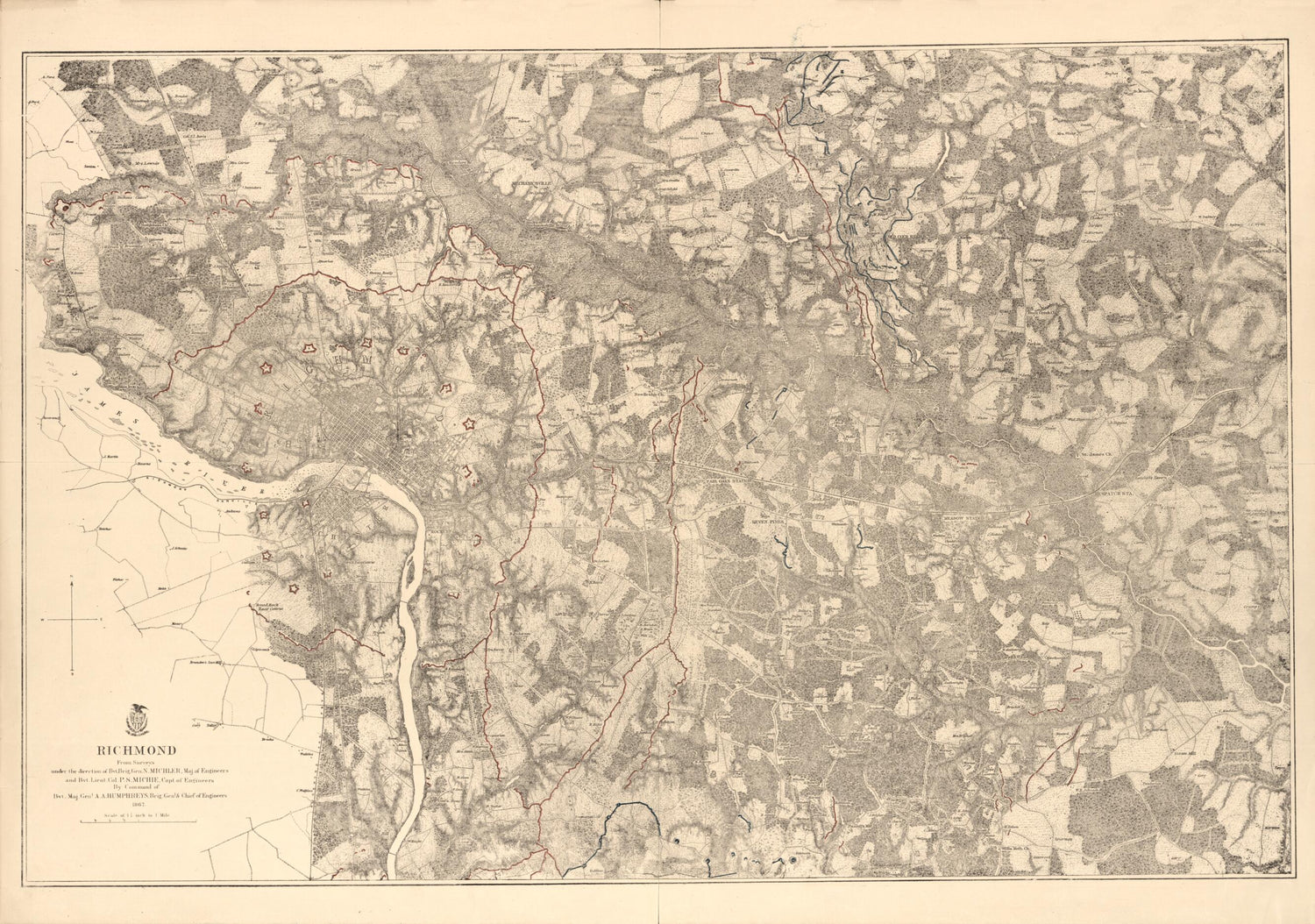 This old map of 1865 from 1867 was created by Peter Smith Michie, N. (Nathaniel) Michler in 1867