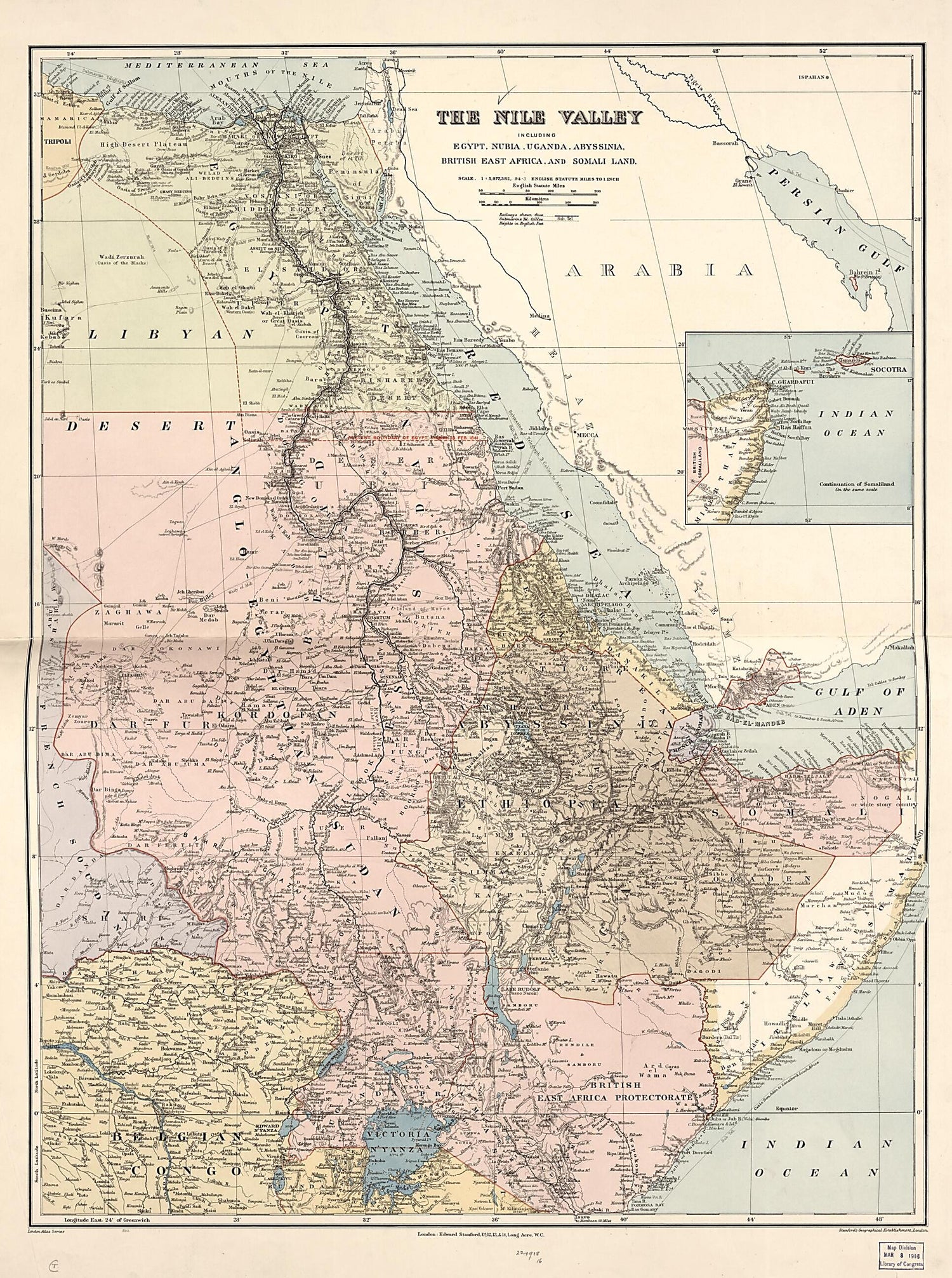 This old map of The Nile Valley : Including Egypt, Nubia, Uganda, Abyssinia, British East Africa, and Somali Land (London Atlas Map of the Nile Valley) from 1910 was created by  Edward Stanford Ltd in 1910