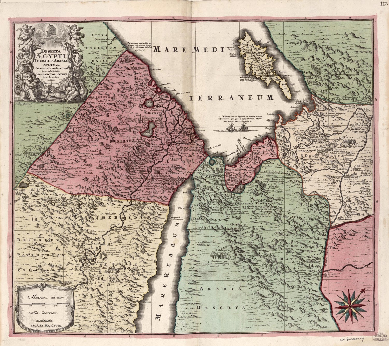 This old map of Deserta Aegypti, Thebaidis, Arabiae, Syriae Etc. Ubi Accurata Notata Sunt Loca Inhabitata Per Sanctos Patres Anachoretas from 1700 was created by Matthaeus Seutter in 1700