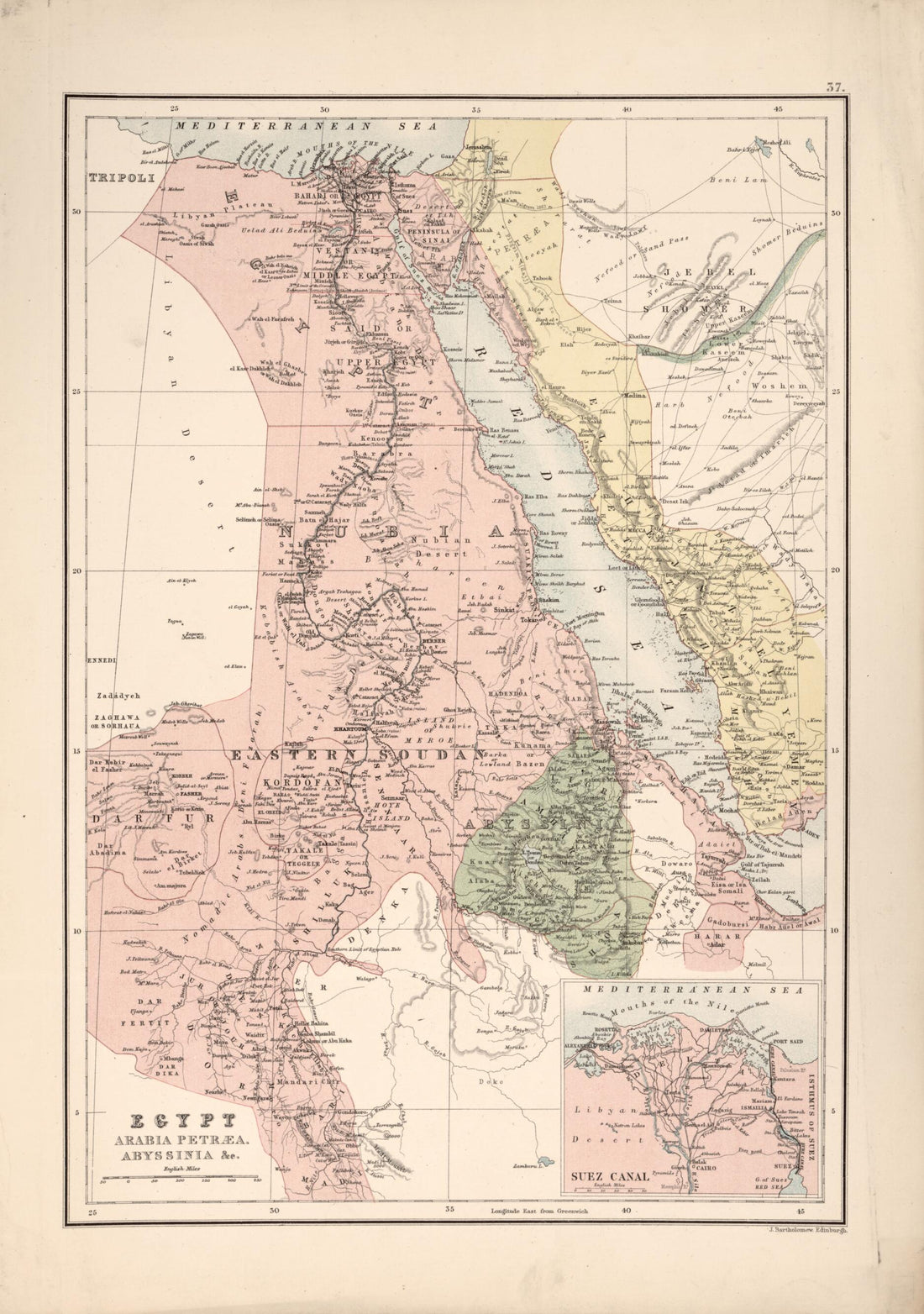 This old map of Egypt, Arabia Petræa, Abyssinia, &amp;c from 1885 was created by J. G. (John George) Bartholomew in 1885