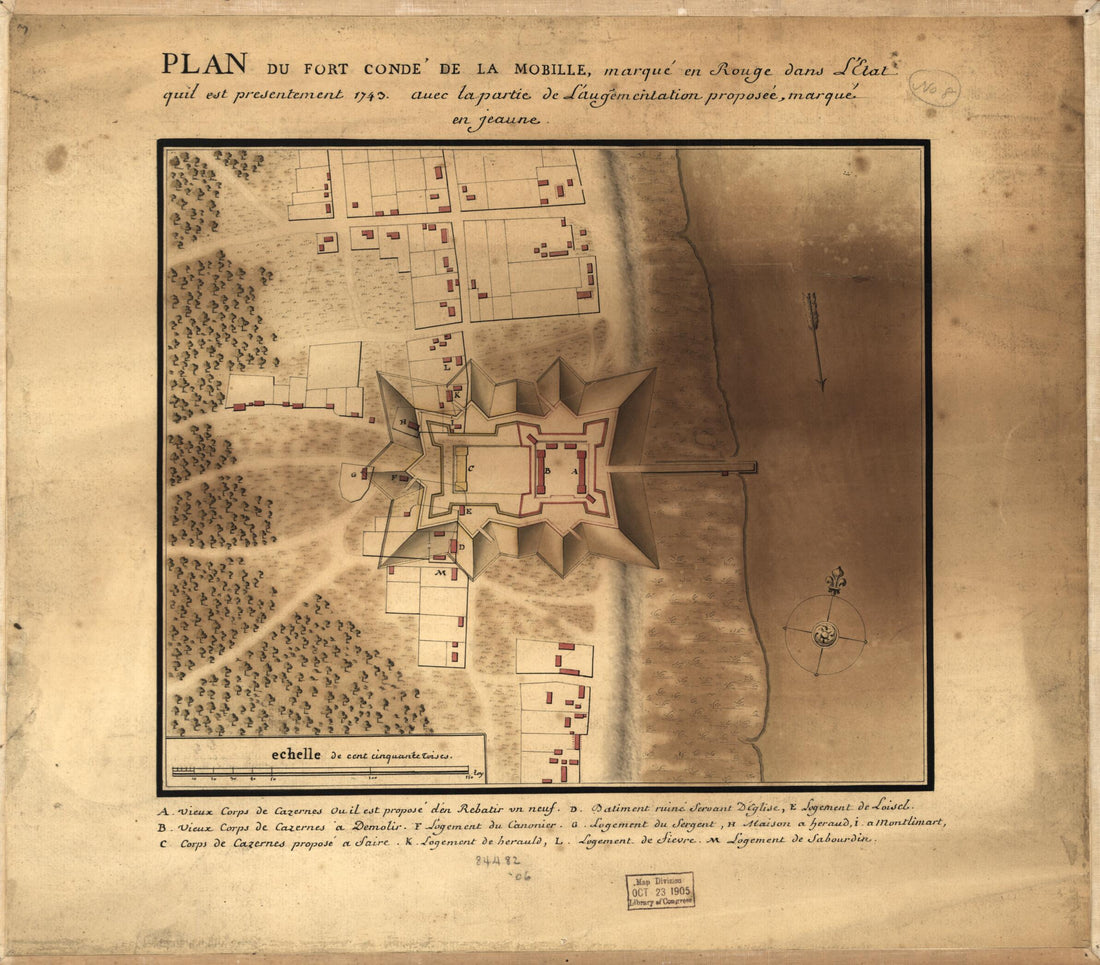 This old map of Plan Du Fort Condé De La Mobille, Marqué En Rouge Dans L&