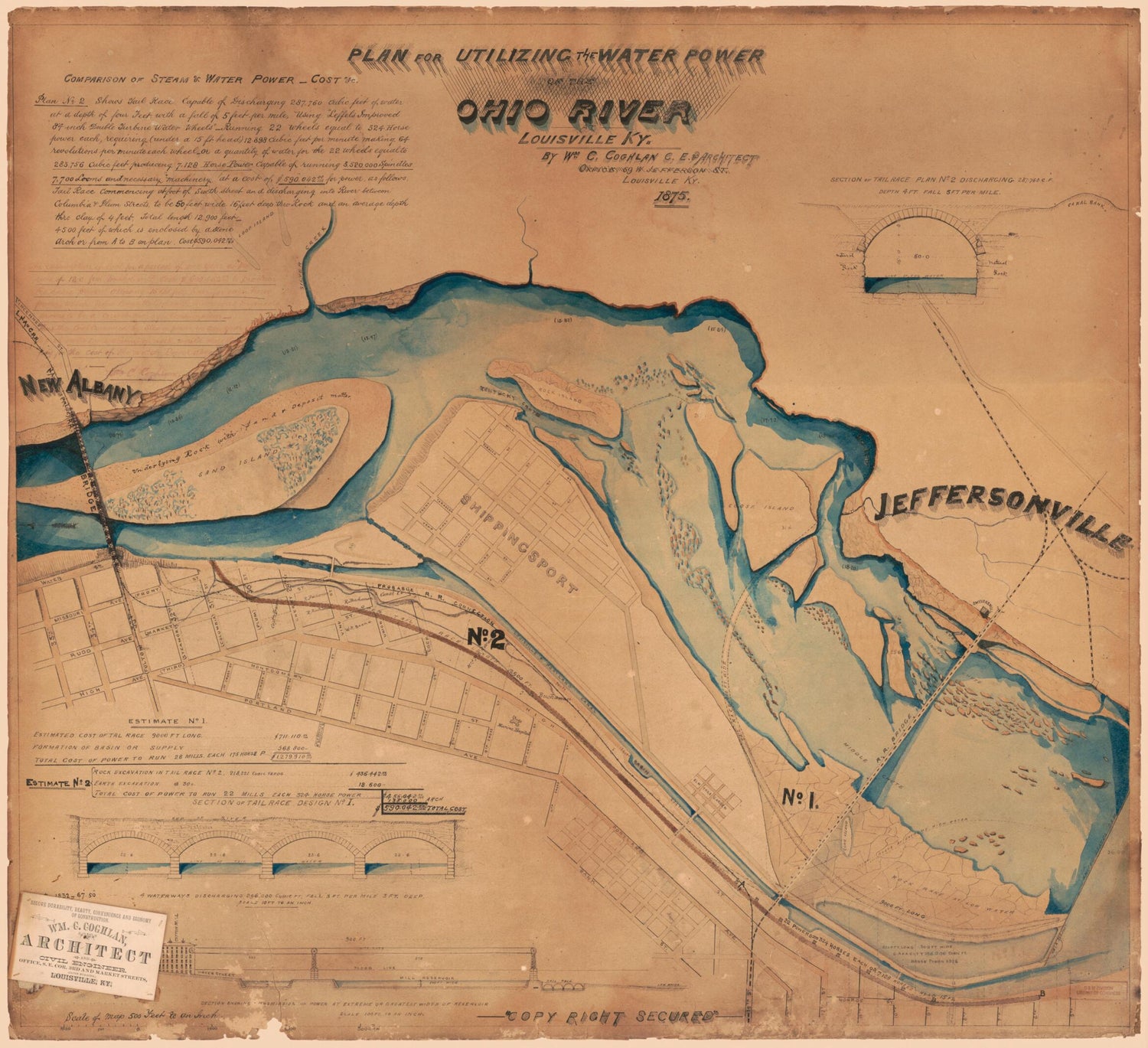 This old map of Plan for Utilizing the Water Power of the Ohio River at Louisville, Ky from 1875 was created by Wm. C. (William C.) Coghlan in 1875