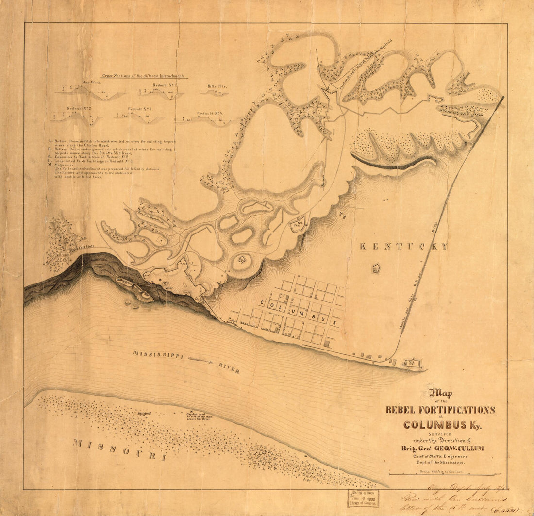 This old map of Map of the Rebel Fortifications at Columbus, Ky. (Rebel Fortifications at Columbus, Ky) from 1862 was created by George W. (George Washington) Cullum in 1862