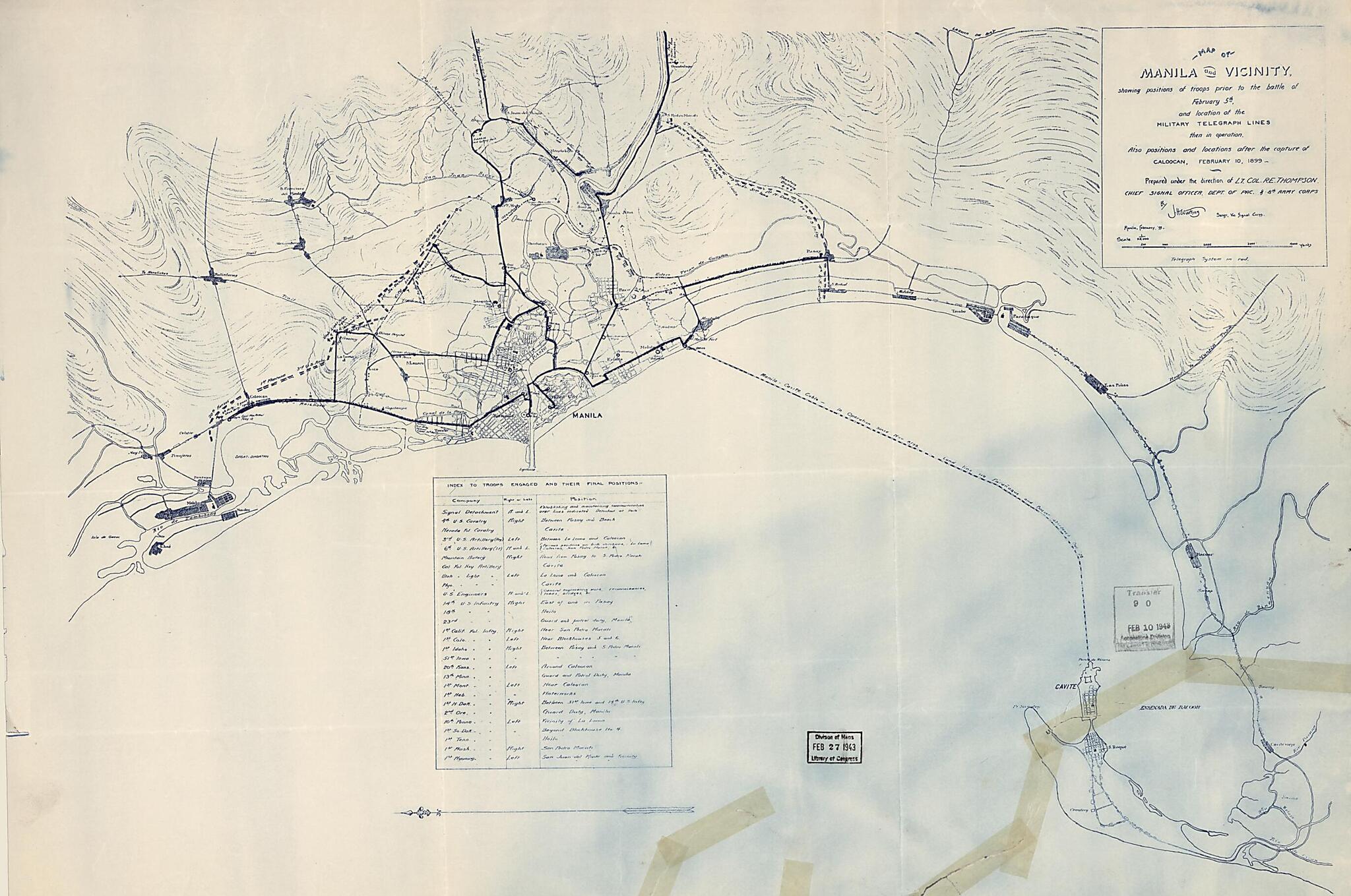 This old map of Map of Manila and Vicinity : Showing Positions of Troops Prior to the Battle of February 5th and Location of the Military Telegraph Lines Then In Operation, Also Positions and Locations After the Capture of Caloocan, February 10, from 189