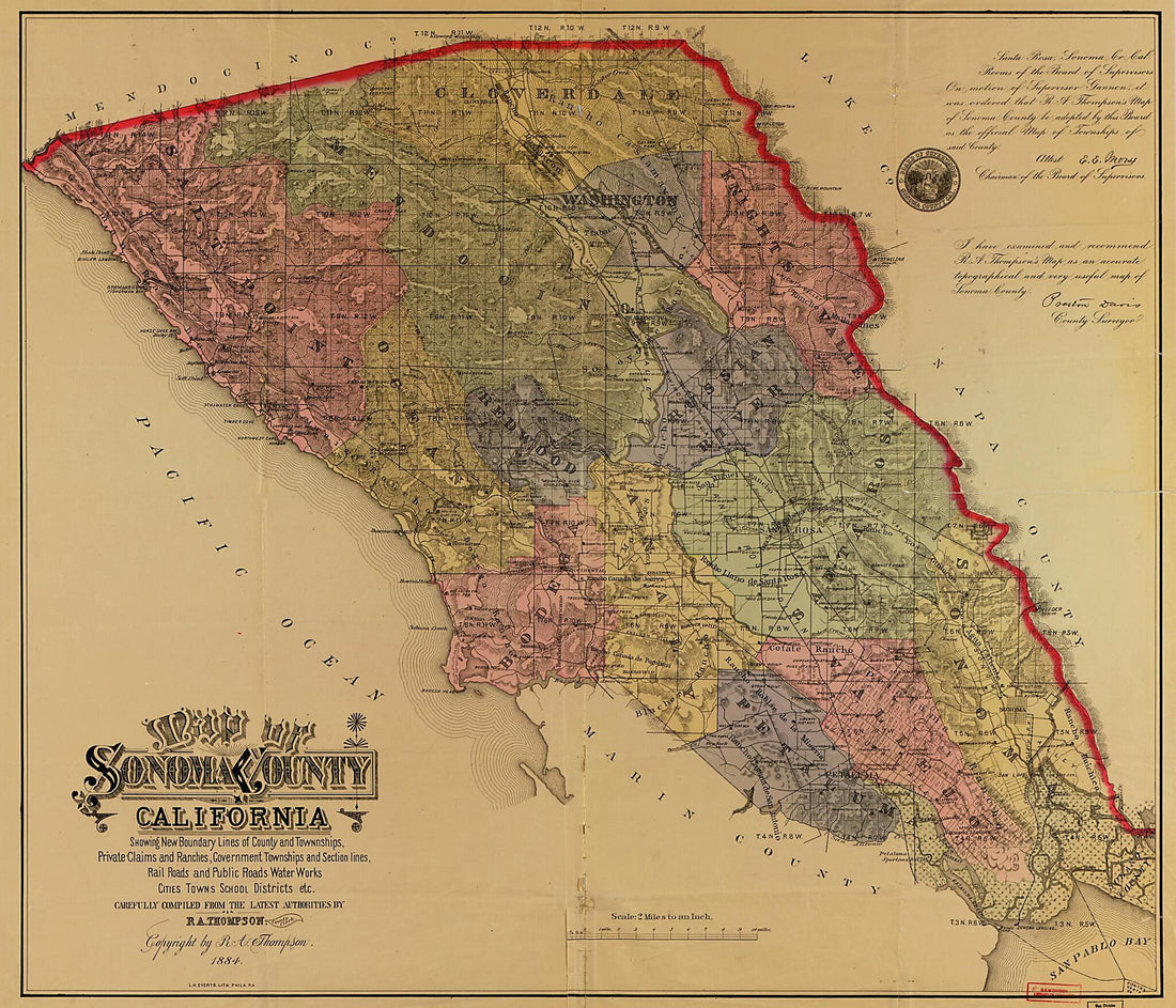 This old map of Map of Sonoma County, California : Showing New Boundary Lines of County and Townships, Private Claims and Ranches, Government Townships and Section Lines, Rail Roads and Public Roads, Water Works, Cities, Towns, School Districts, Etc from