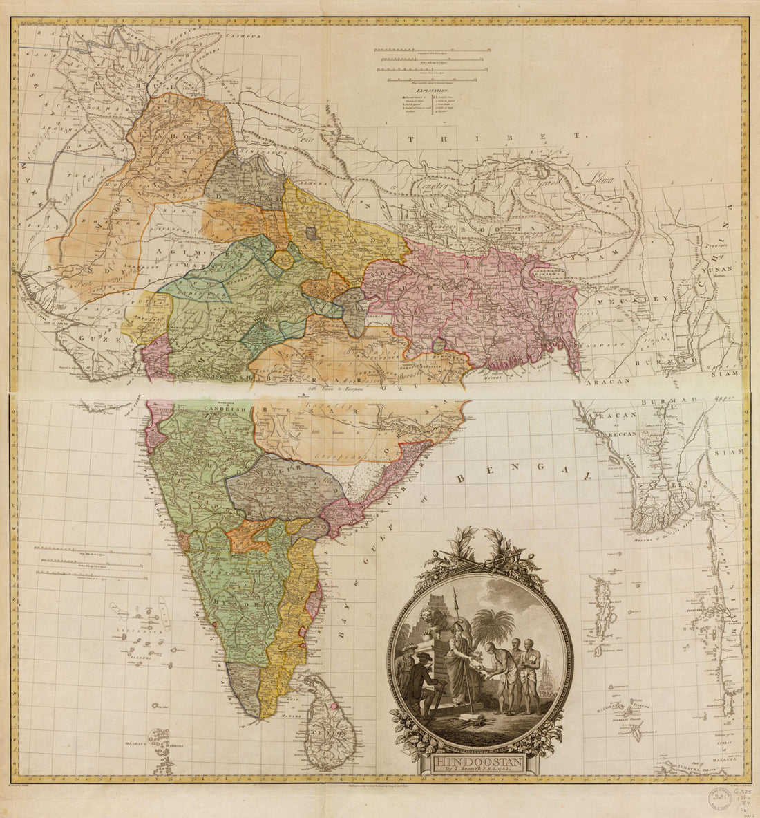 This old map of Hindoostan from 1782 was created by W. Harrisson, J. I. Phillips, James Rennell in 1782