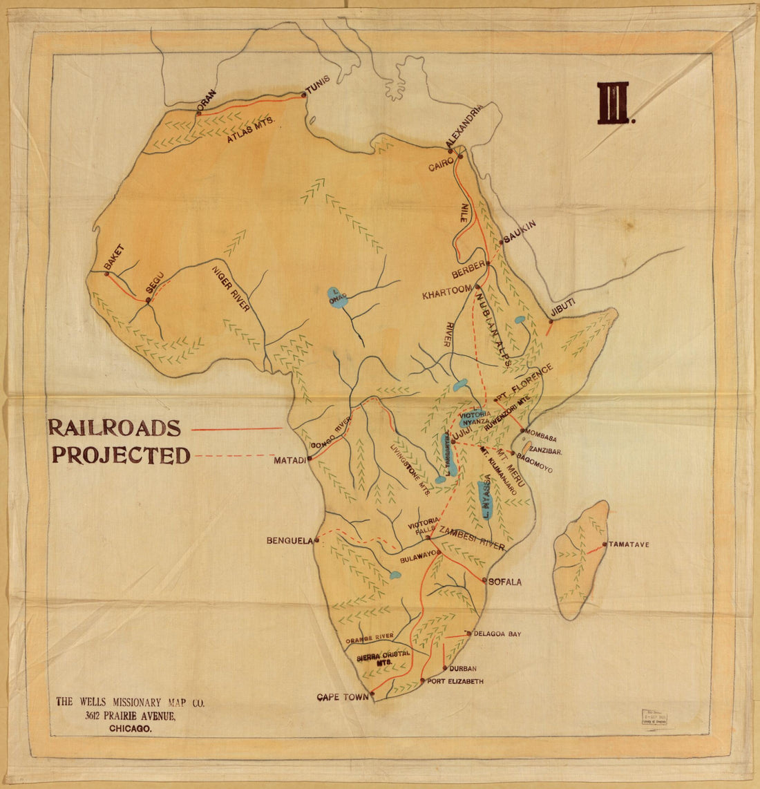 This old map of Railroad Map of Africa from 1908 was created by  Wells Missionary Map Co in 1908