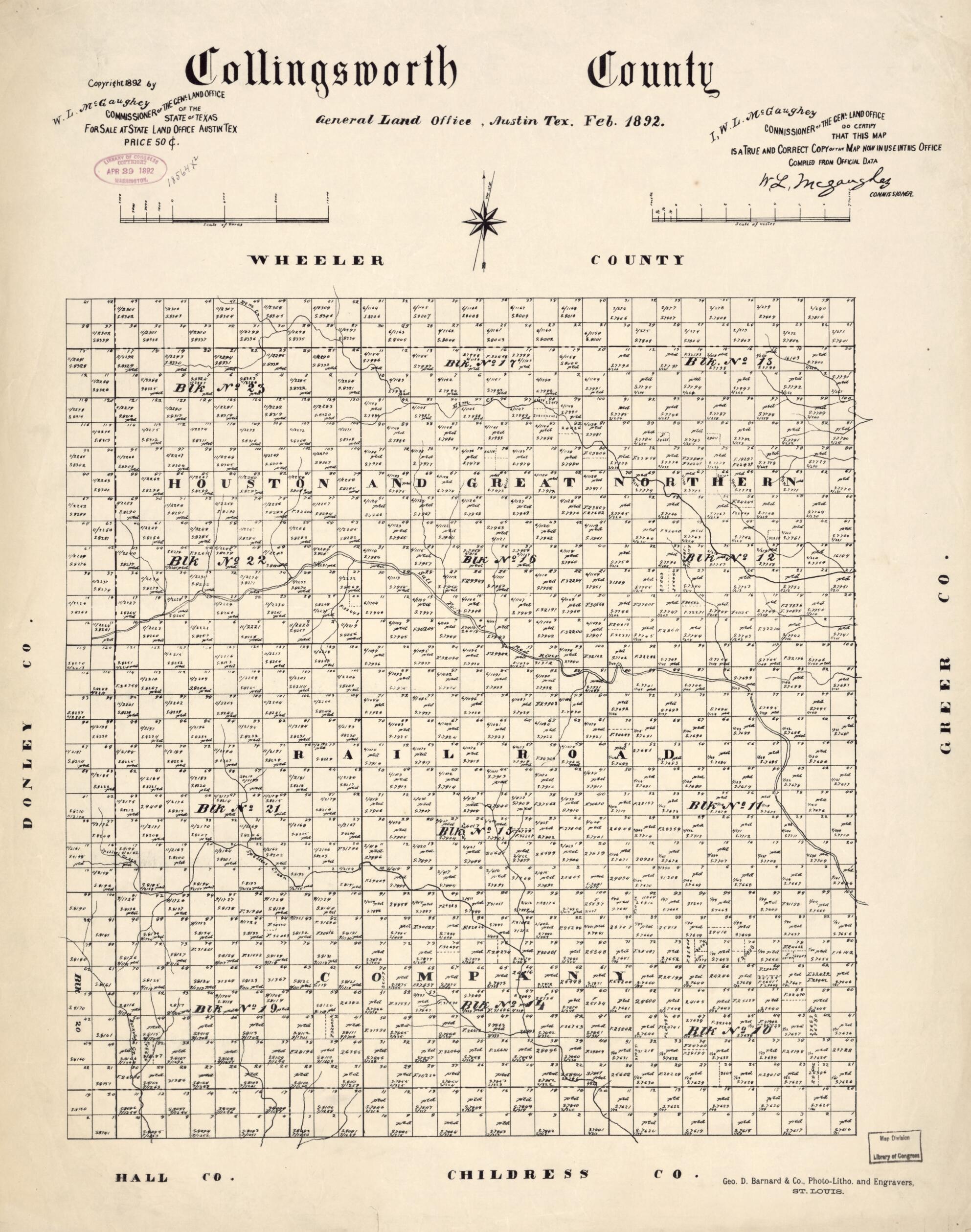 This old map of Collingsworth County from 1892 was created by W. L. McGaughey,  Texas. General Land Office in 1892