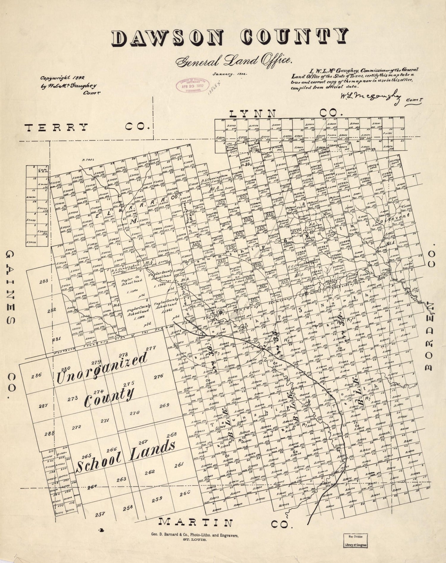 This old map of Dawson County from 1892 was created by W. L. McGaughey,  Texas. General Land Office in 1892