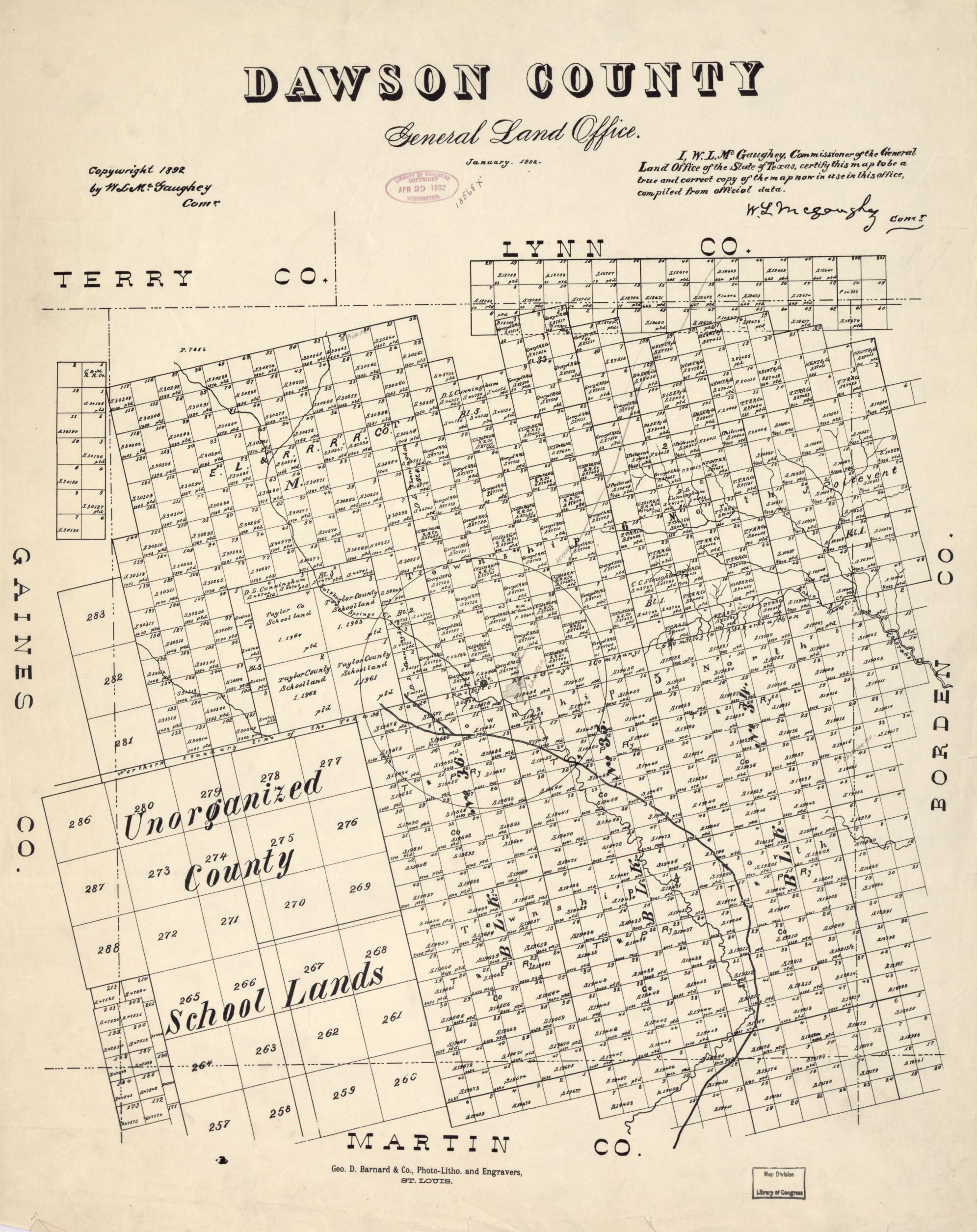 This old map of Dawson County from 1892 was created by W. L. McGaughey,  Texas. General Land Office in 1892