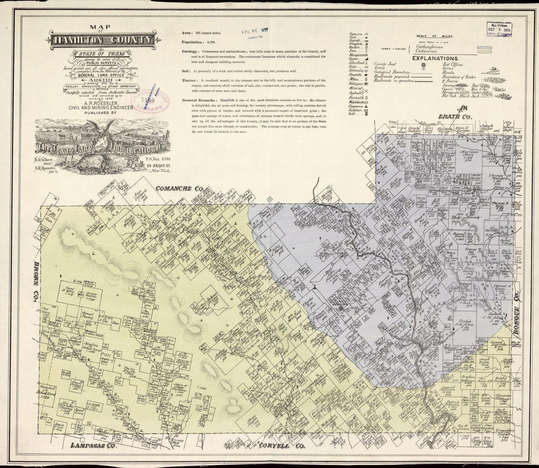 This old map of Map of Hamilton County, State of Texas : Showing the Extent of All Public Surveys, Land Grants and All Other Official Information Compiled from the Records of the General Land Office at Austin from 1876 was created by A. R. Roessler in 18