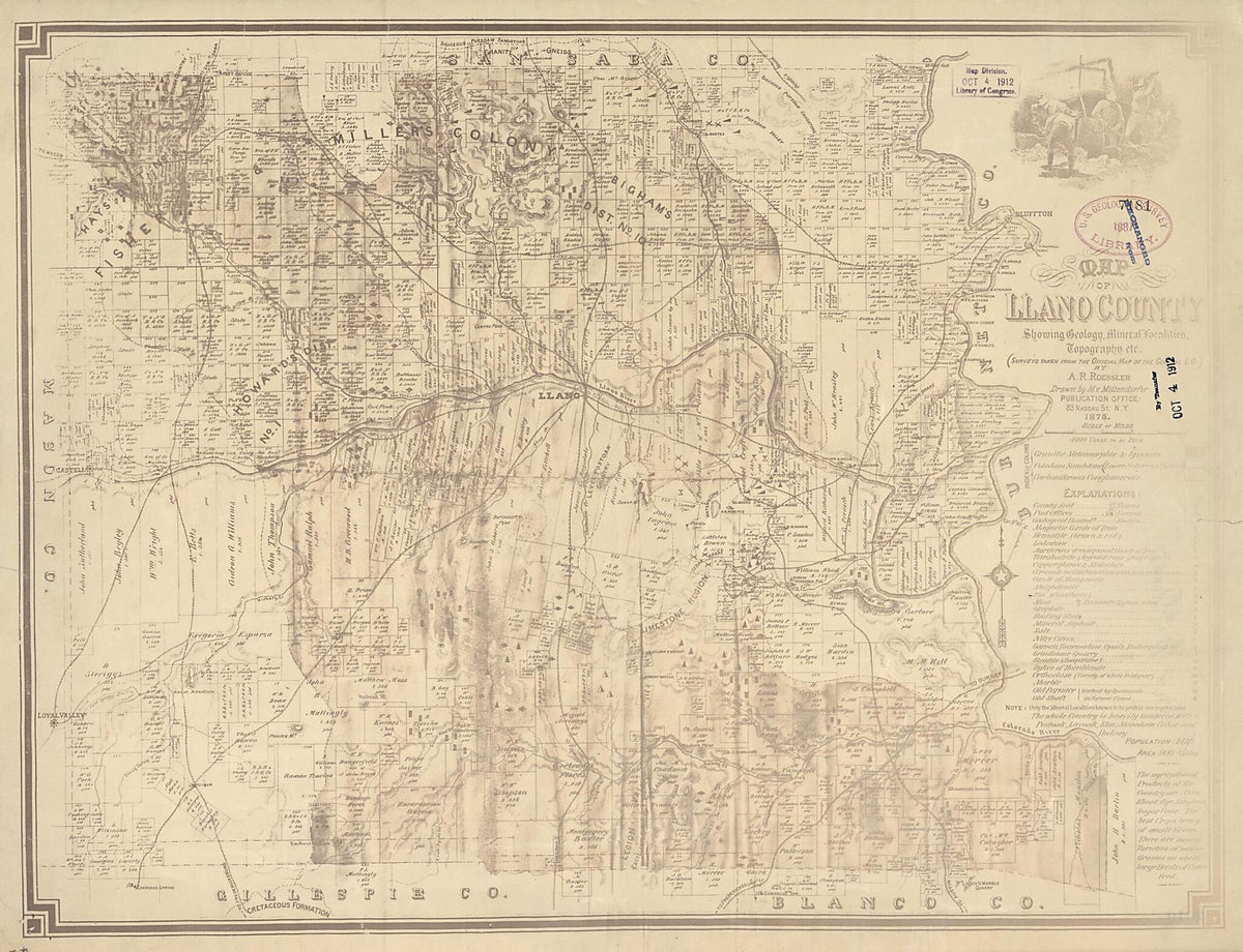 Map of Llano County : Showing Geology, Mineral Localities, Topography, Etc 1875 by Relic Map Company