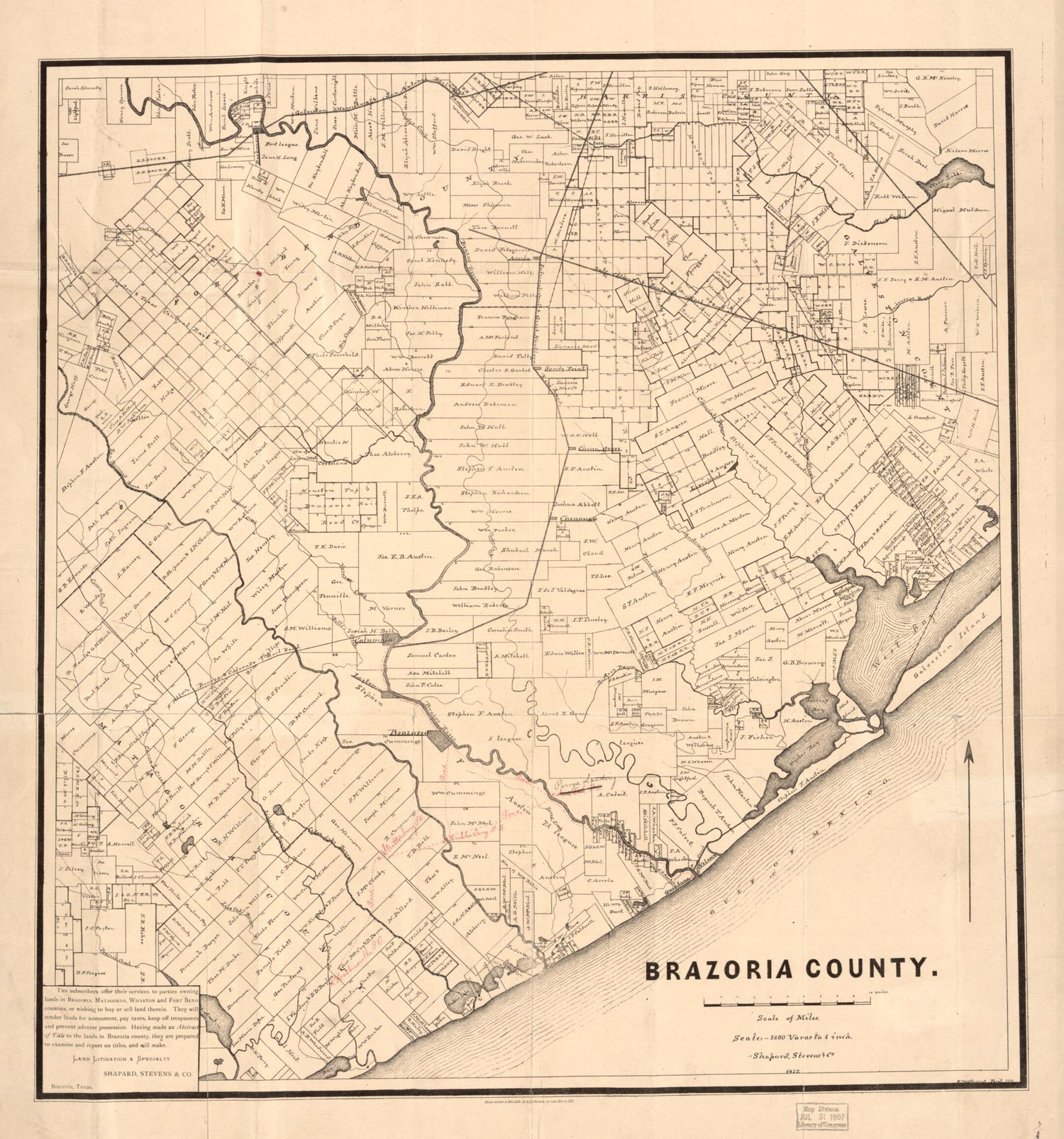 This old map of Brazoria County from 1877 was created by F. W. Stevens,  Texas. General Land Office in 1877