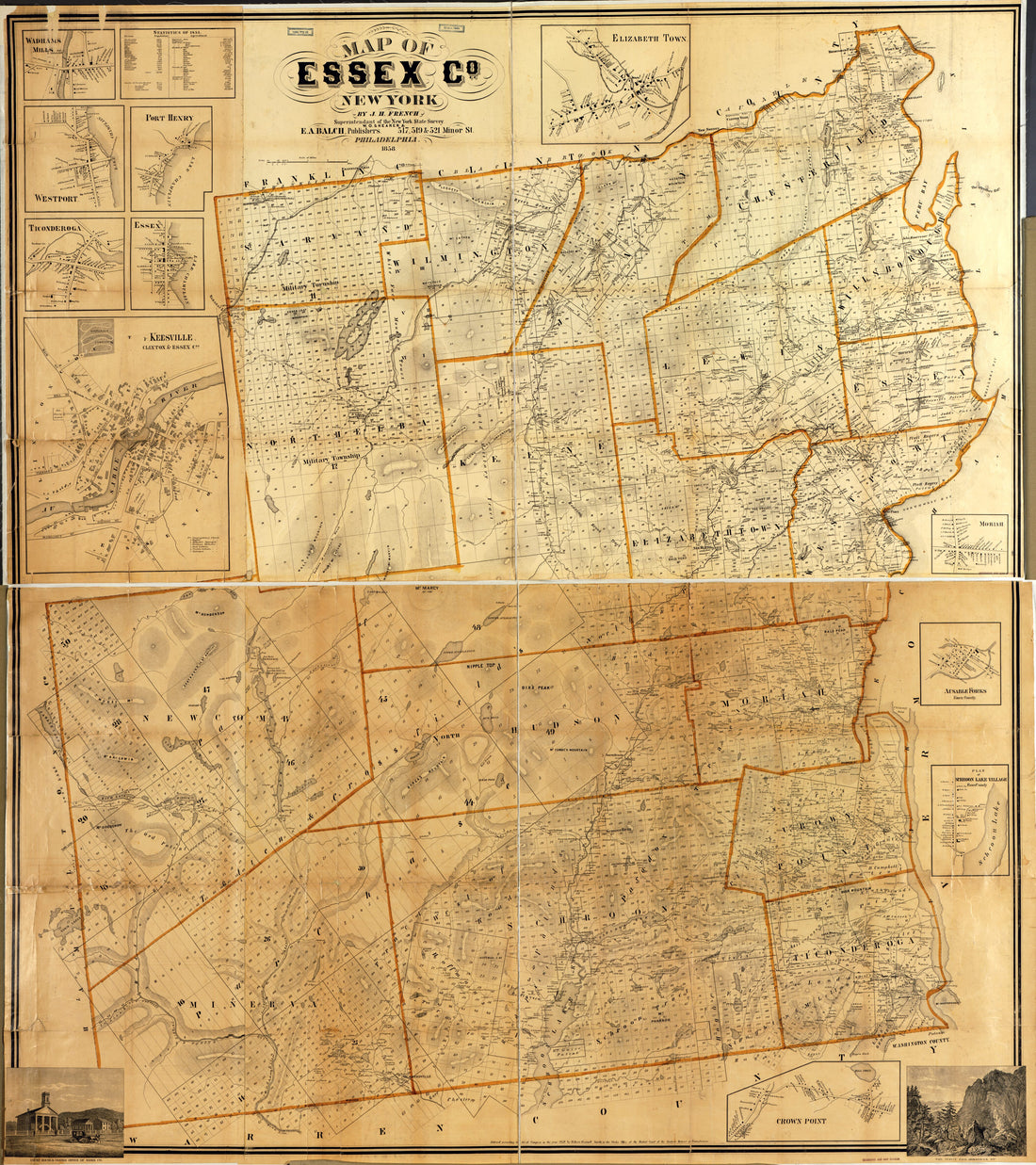 This old map of Map of Essex Co., New York from 1858 was created by J. H. (John Homer) French in 1858