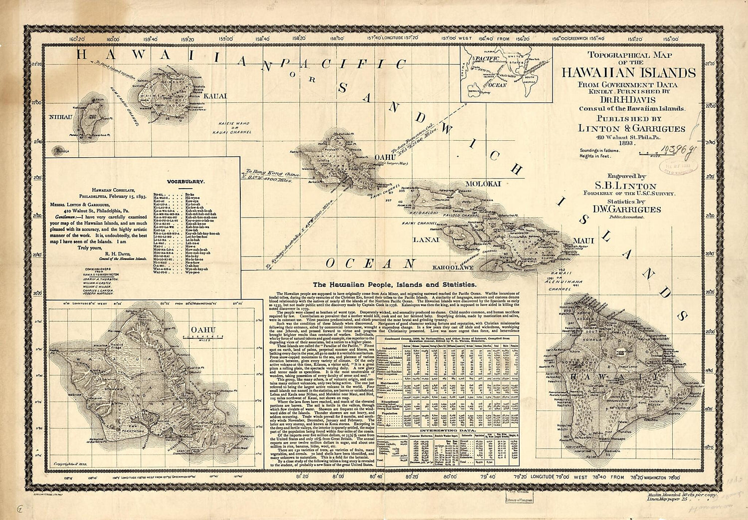 This old map of Topographical Map of the Hawaiian Islands from 1893 was created by  Burk &amp; McFetridge, R. H. Davis, S. B. (S. Benton) Linton in 1893