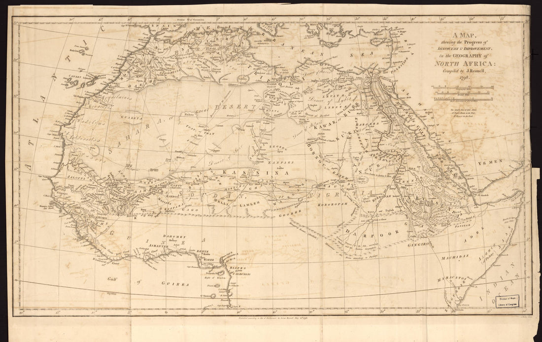 This old map of A Map Shewing the Progress Of, Discovery &amp; Improvement, In the Geography of North Africa from 1798 was created by James Rennell in 1798