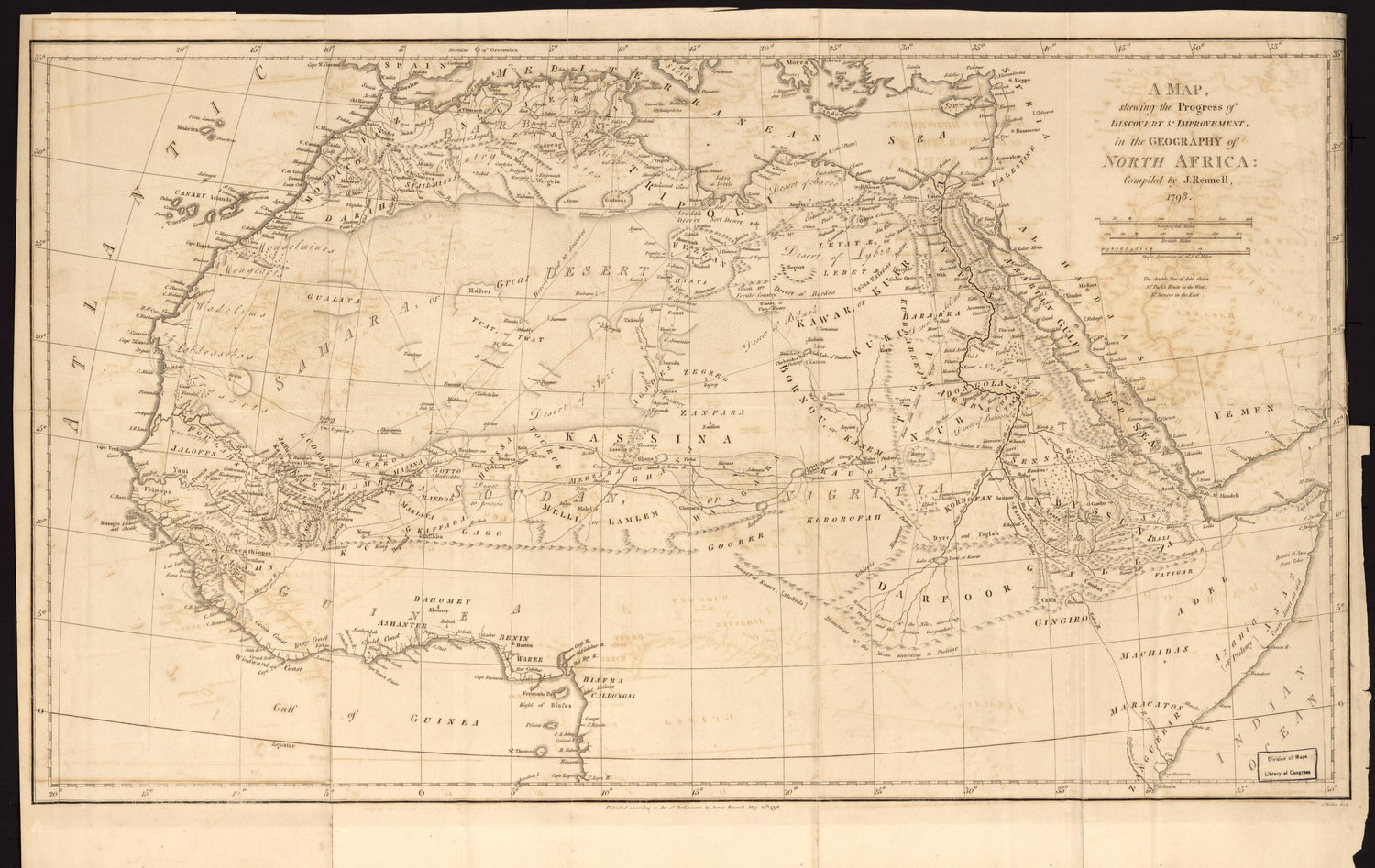 This old map of A Map Shewing the Progress Of, Discovery &amp; Improvement, In the Geography of North Africa from 1798 was created by James Rennell in 1798