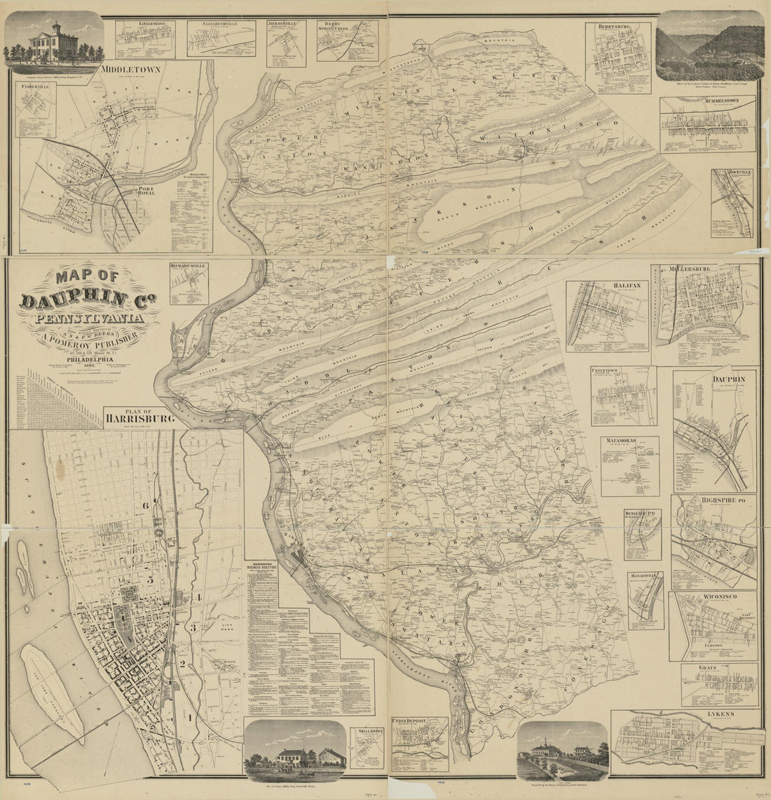 This old map of Map of Dauphin Co., Pennsylvania : from Actual Surveys from 1862 was created by  A. Pomeroy &amp; Co, F. W. (Frederick W.) Beers, S. N. Beers,  F. Bourquin &amp; Co,  Worley &amp; Bracher in 1862