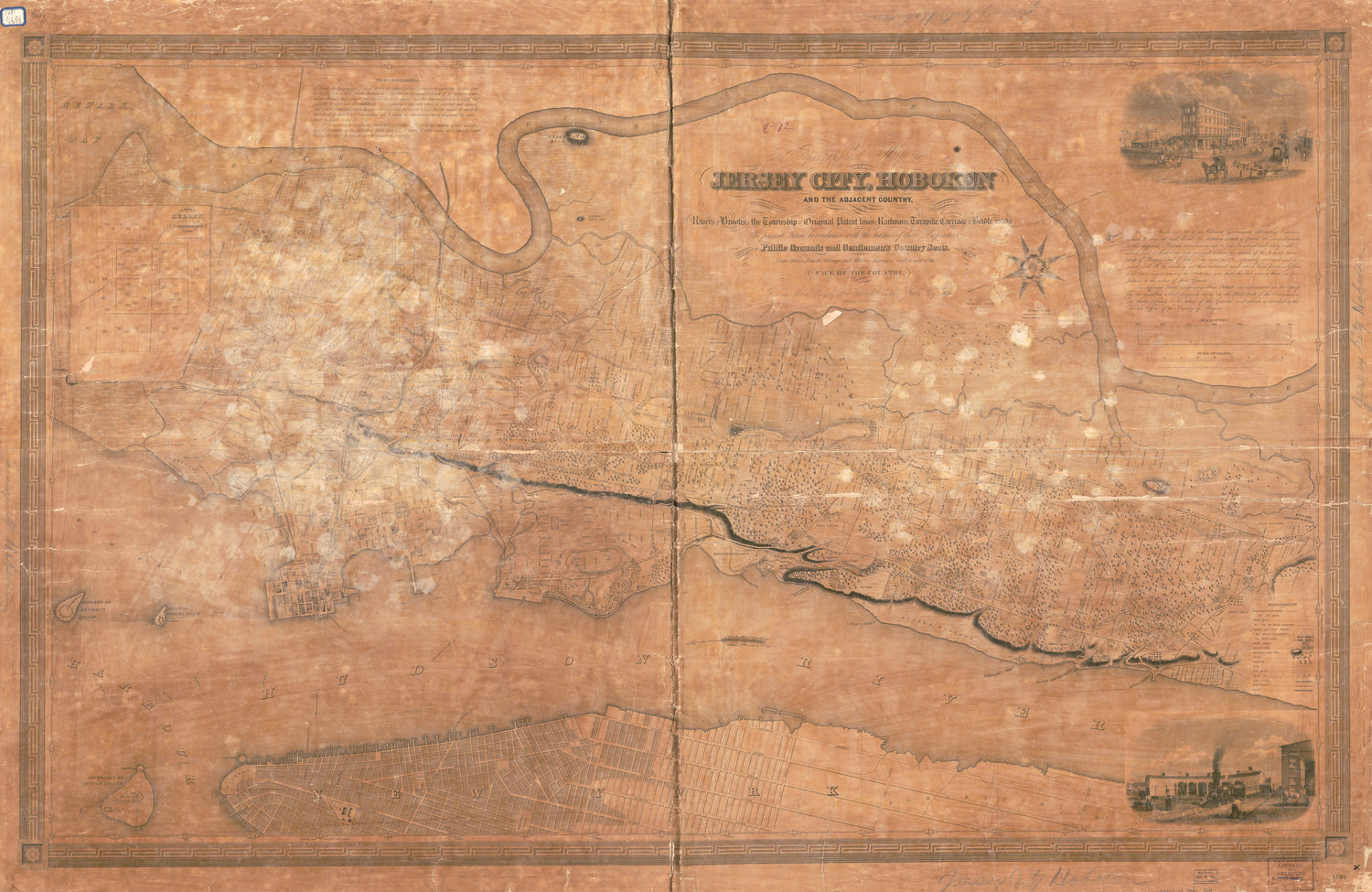 This old map of Topographical Map of Jersey City, Hoboken, and the Adjacent Country : Describing Minutely the Courses of Rivers and Brooks, the Township and Original Patent Lines, Railways, Turnpike, Carriage and Bridle Roads, the Present Farm Boundaries