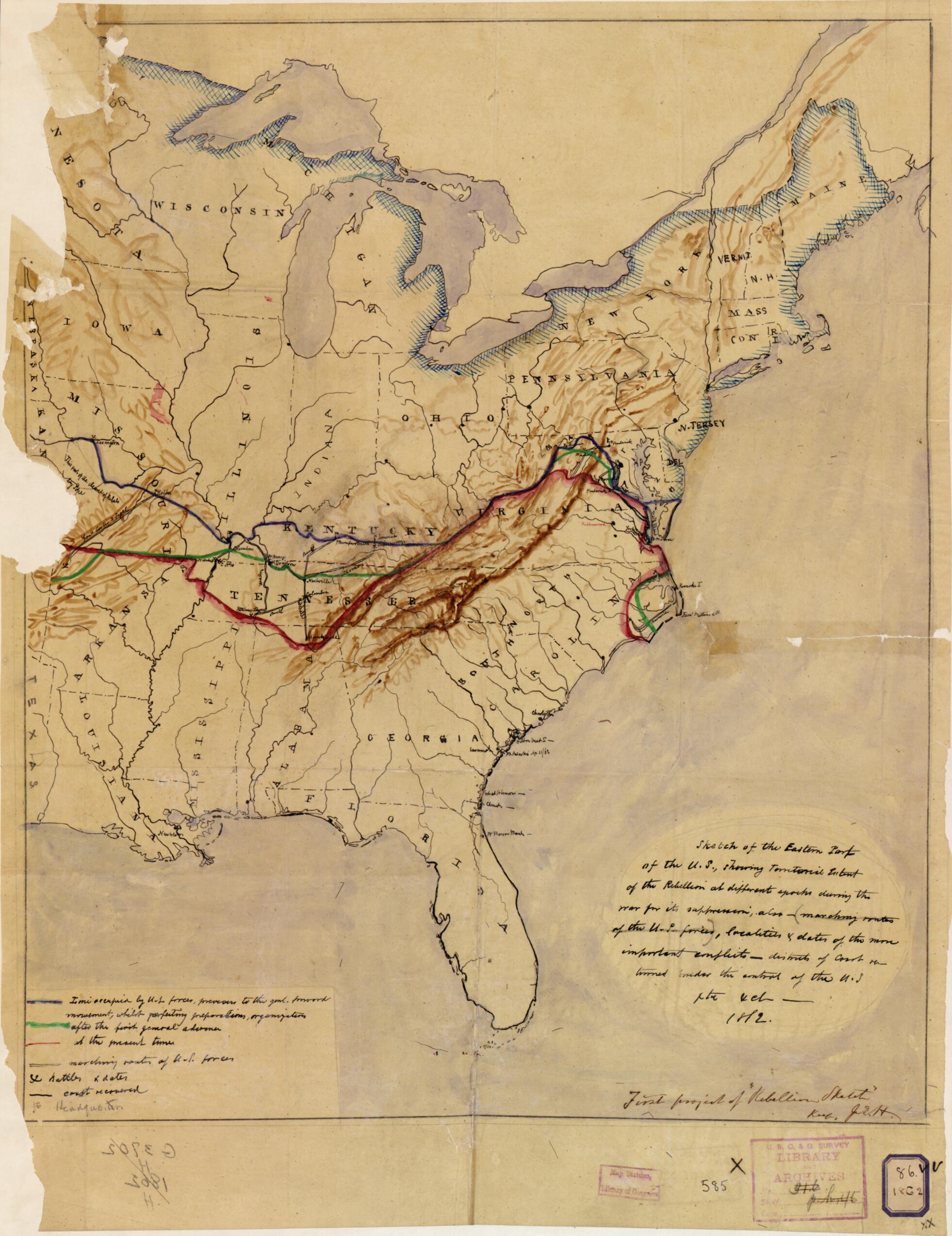 This old map of -marching Routes of the U.S. Forces, Localities &amp; Dates of the More Important Conflicts--districts of Coast Returned Under the Control of the U.S., Etc. &amp; Etc from 1862 was created by J. E. (Julius Erasmus) Hilgard,  United States Coast S