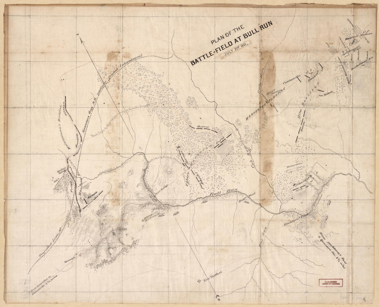 This old map of Field at Bull Run, July 21st from 1861. (Plan of the Battlefield at Bull Run, July 21st from 1861) was created by Amiel Weeks Whipple in 1861