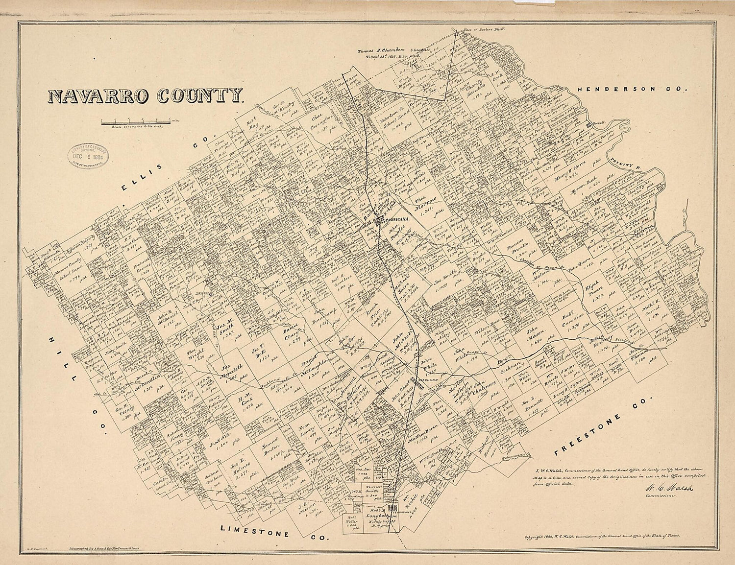 This old map of Navarro County from 1880 was created by G. N. Beaumont,  Texas. General Land Office, W. C. (William C.) Walsh in 1880