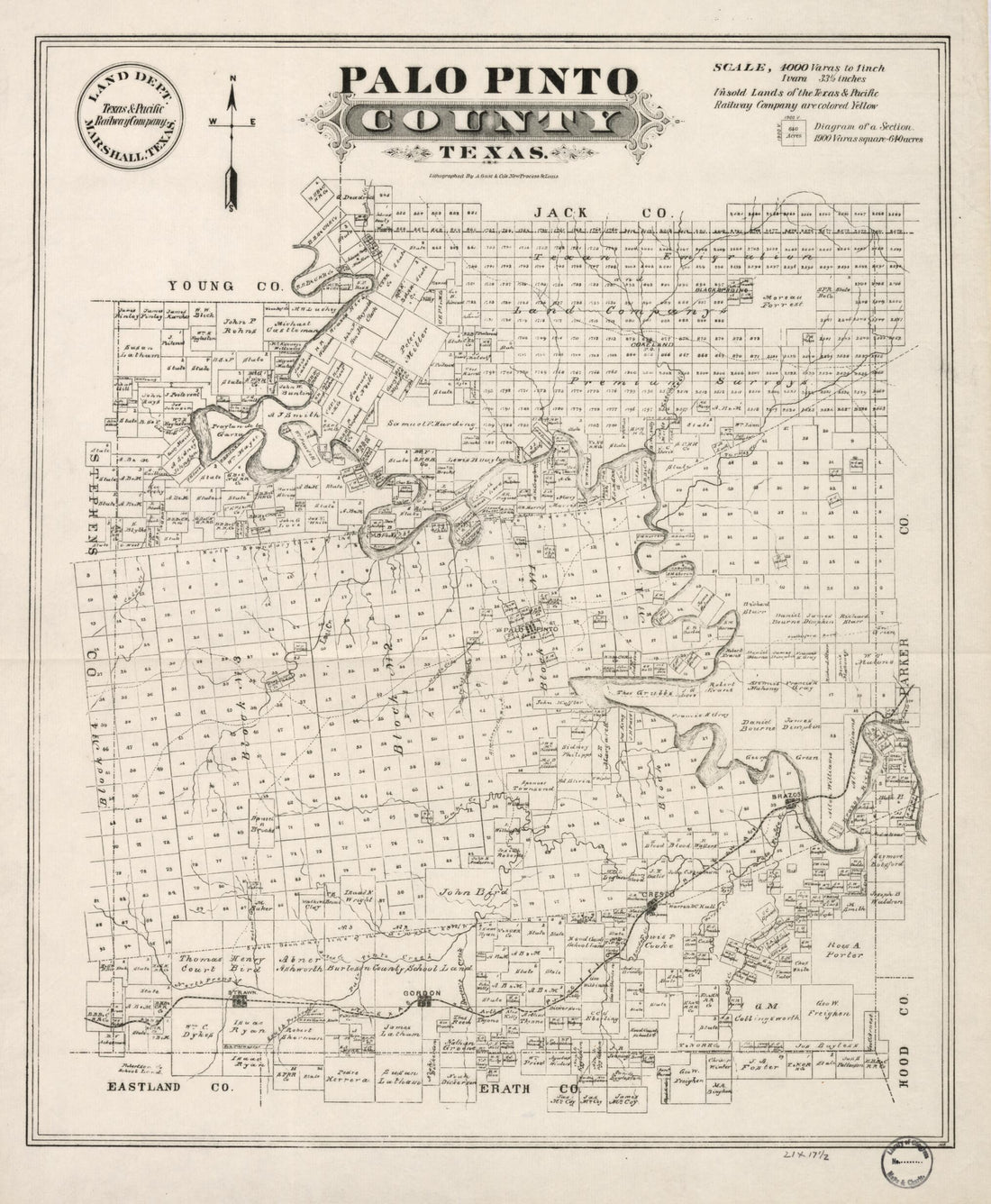 This old map of Palo Pinto County, Texas from 1880 was created by  Texas &amp; Pacific Railway. Land Department in 1880