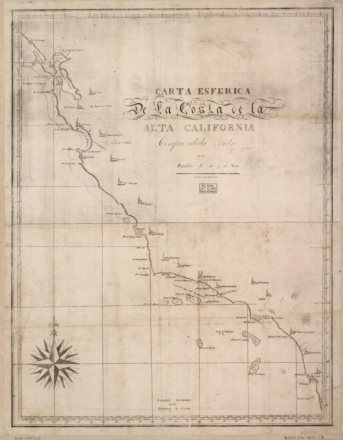 This old map of Carta Esférica De La Costa De La Alta California : Comprendida Entre Los Paralelos De 32° Y 38° Norte from 1839 was created by  in 1839