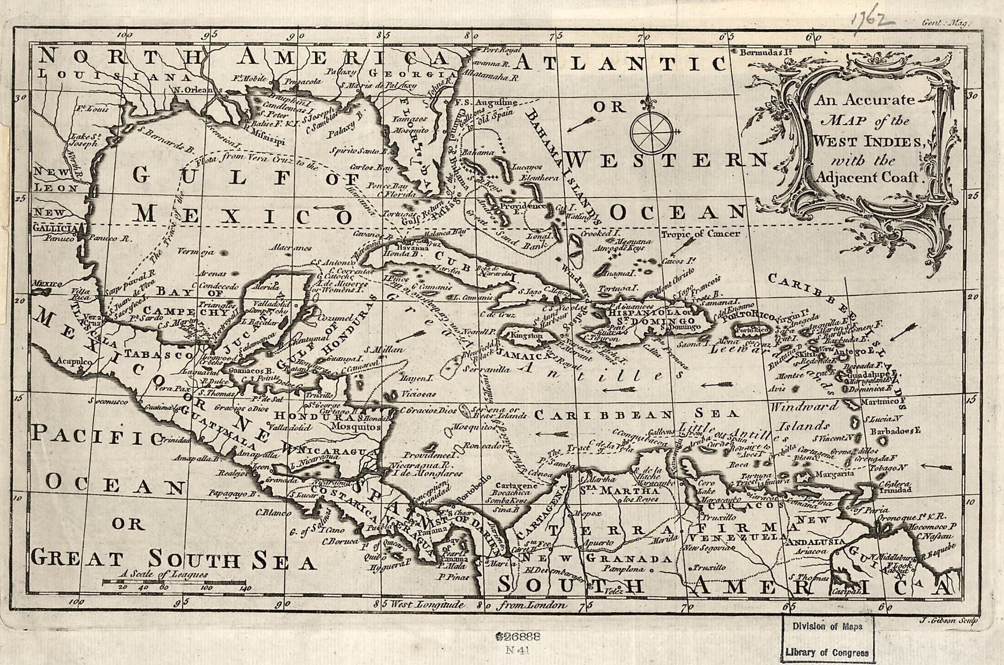 This old map of An Accurate Map of the West Indies With the Adjacent Coast from 1762 was created by J. (John) Gibson in 1762